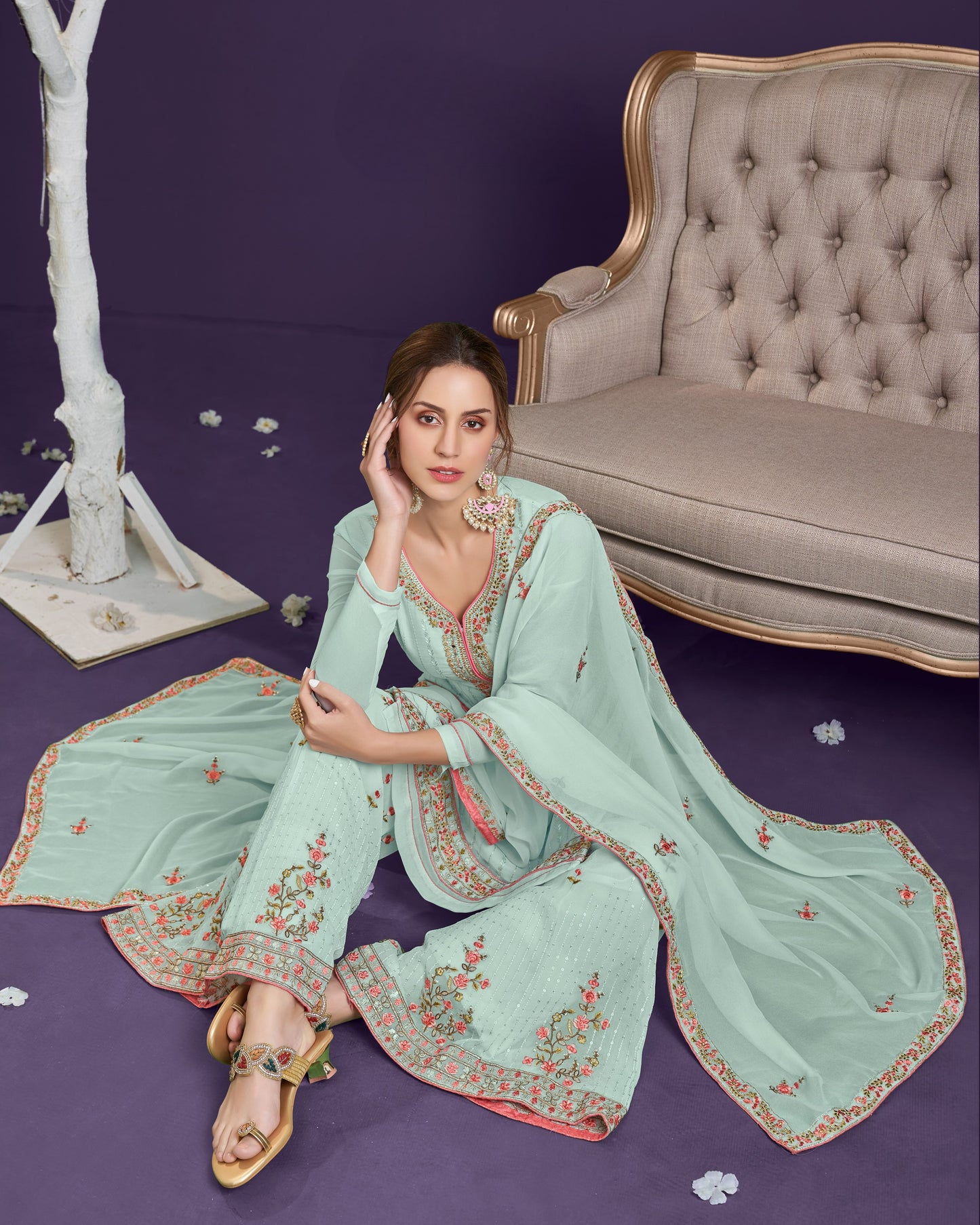 Powder Blue Embroidered Georgette Sharara Set