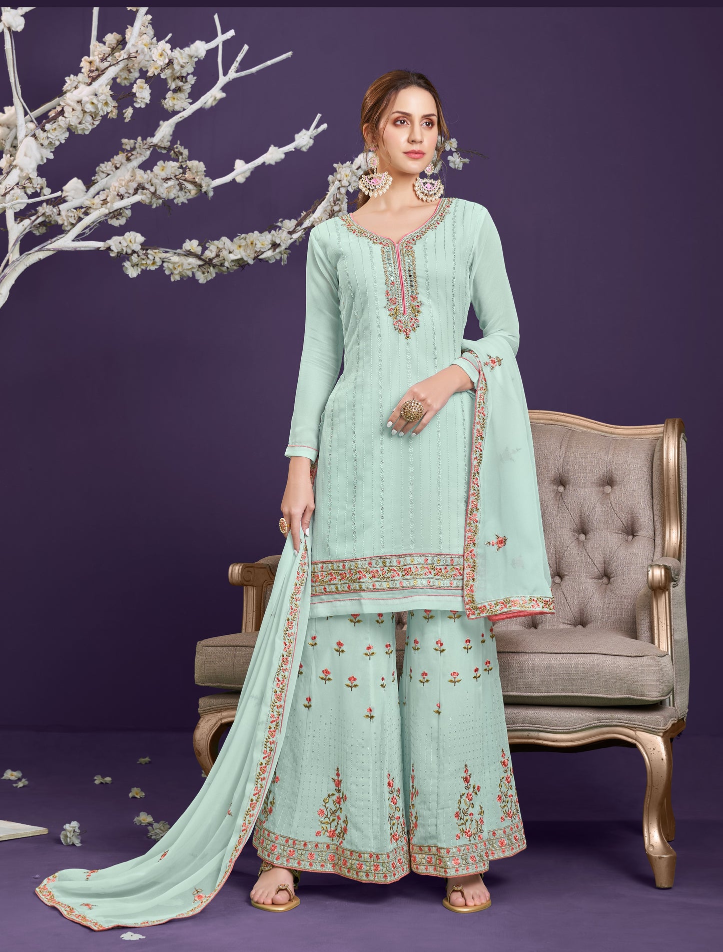 Powder Blue Embroidered Georgette Sharara Set