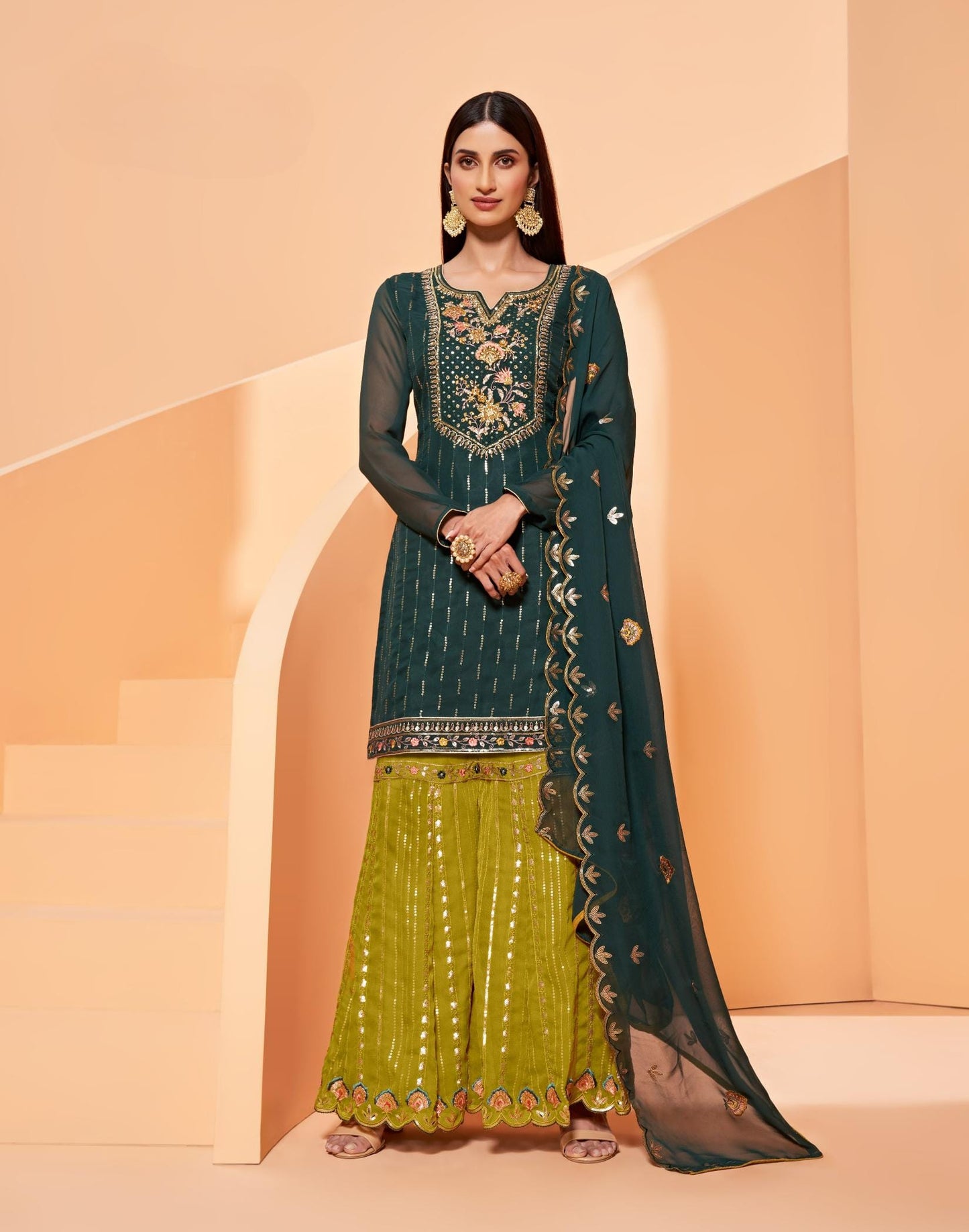 Moss and Mehandi Green Embroidered Georgette Sharara Set
