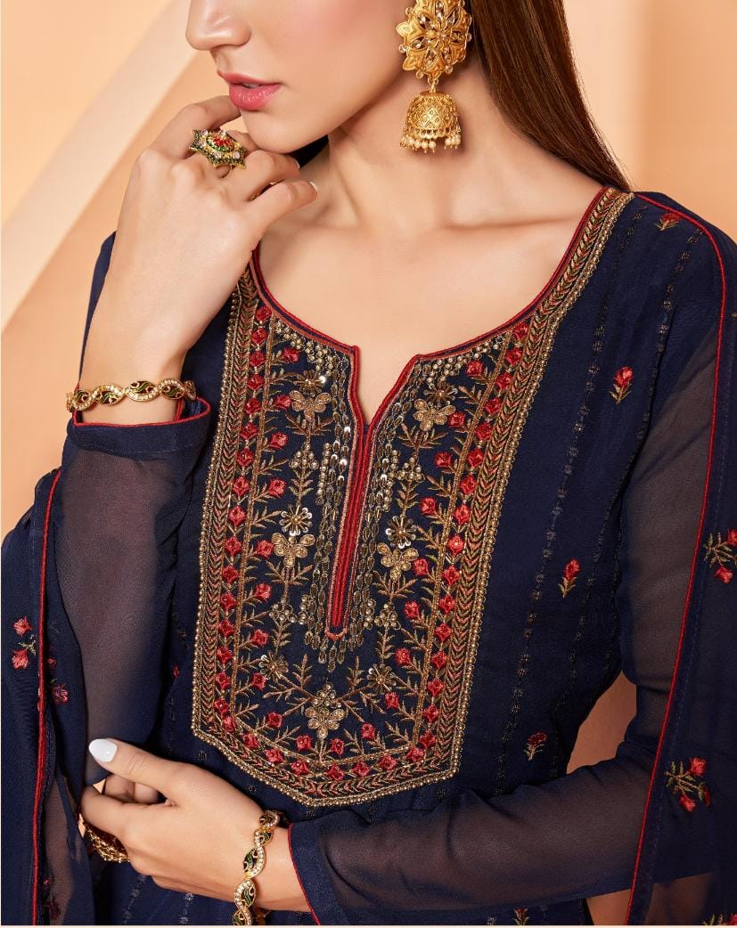Berry Blue Embroidered Georgette Sharara Set