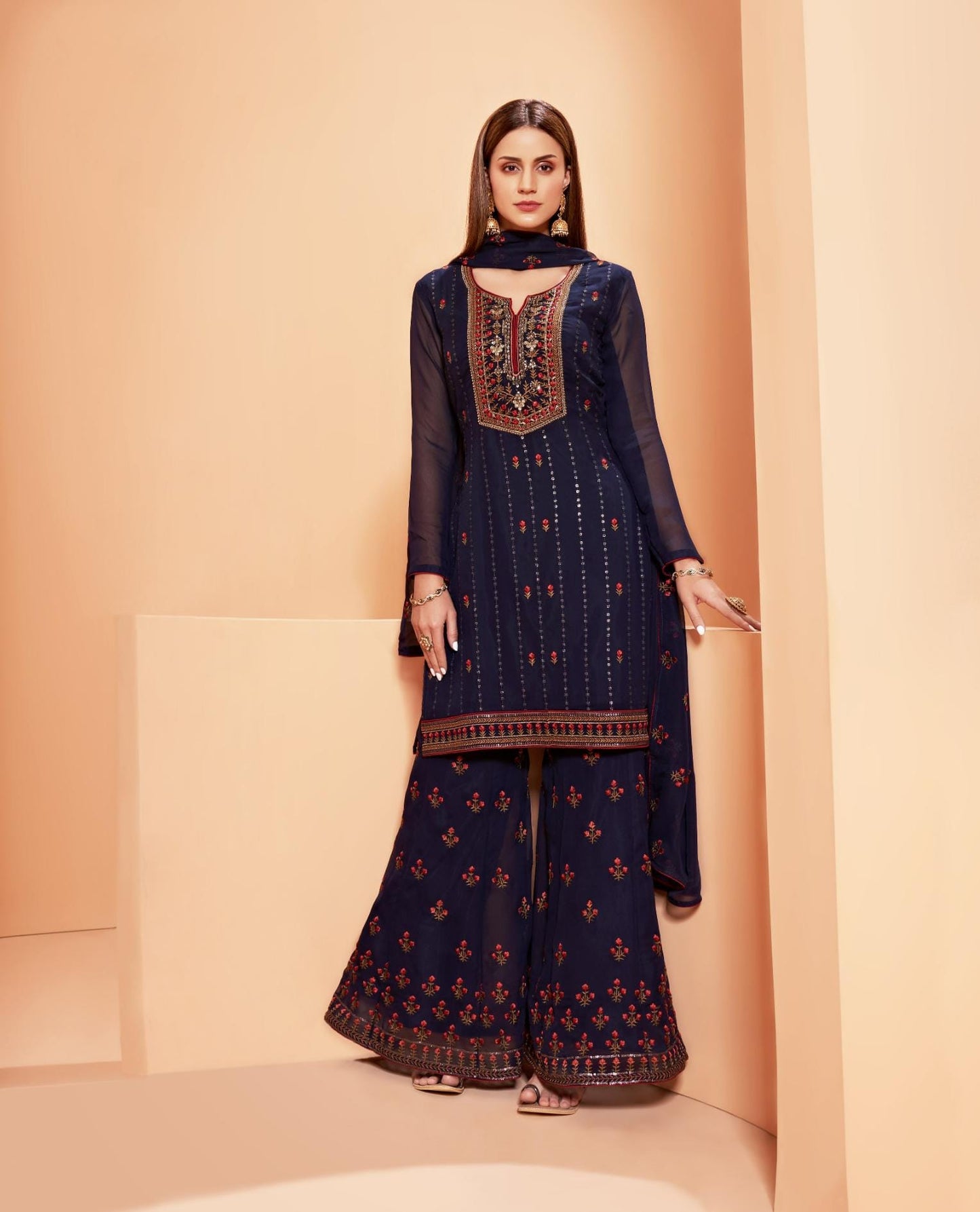 Berry Blue Embroidered Georgette Sharara Set