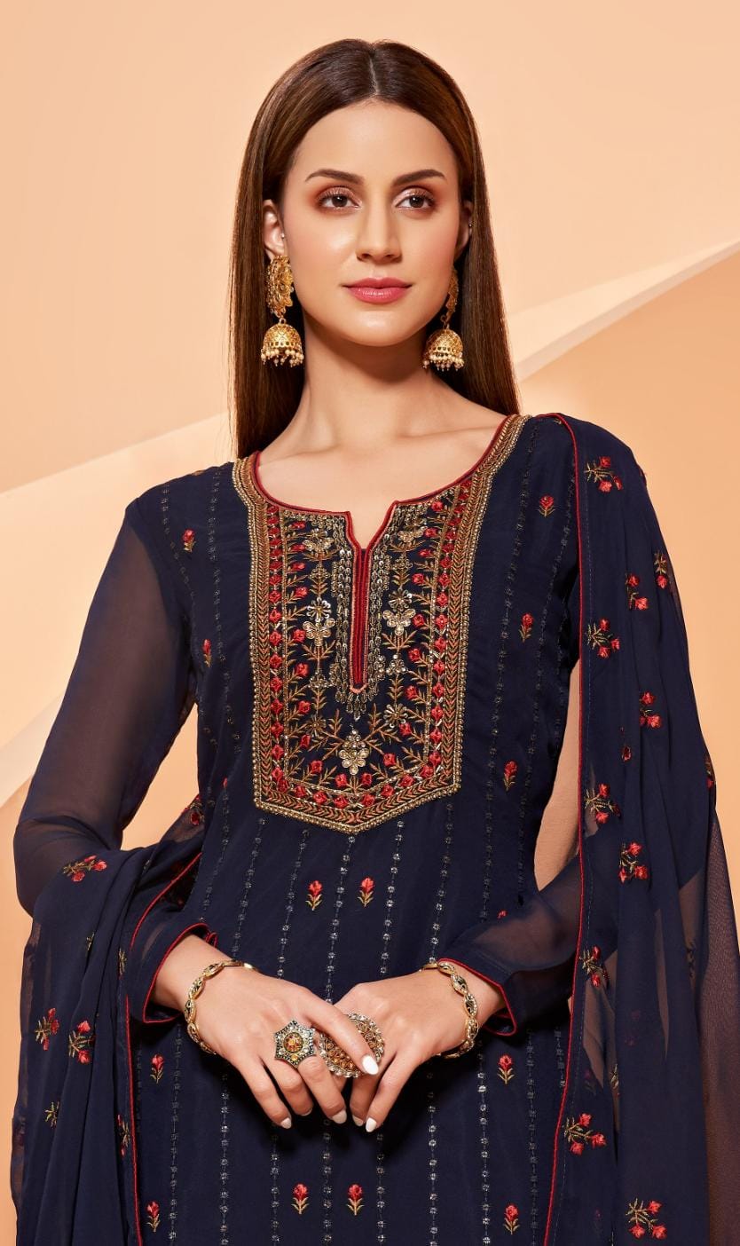 Berry Blue Embroidered Georgette Sharara Set