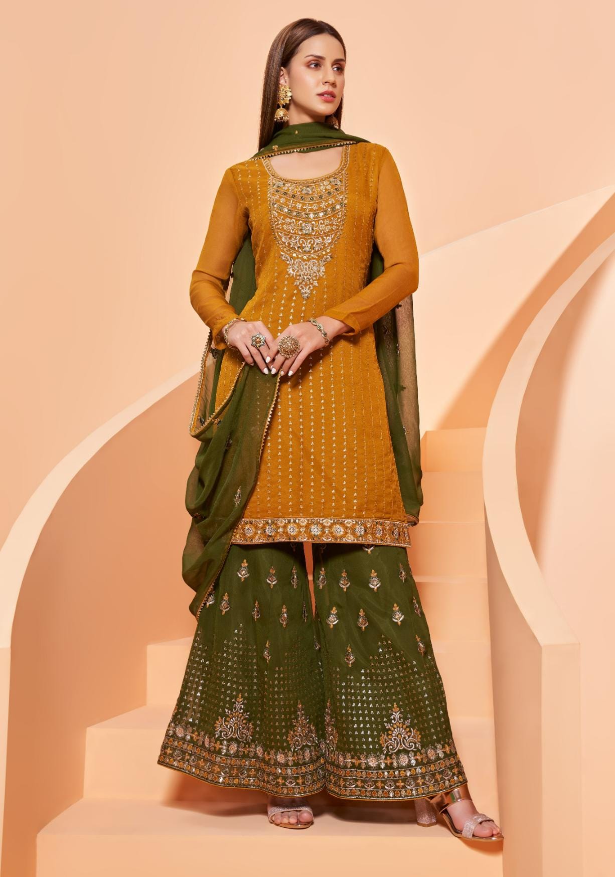 Mustard Yellow Embroidered Georgette Sharara Set