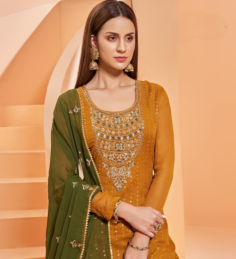 Mustard Yellow Embroidered Georgette Sharara Set