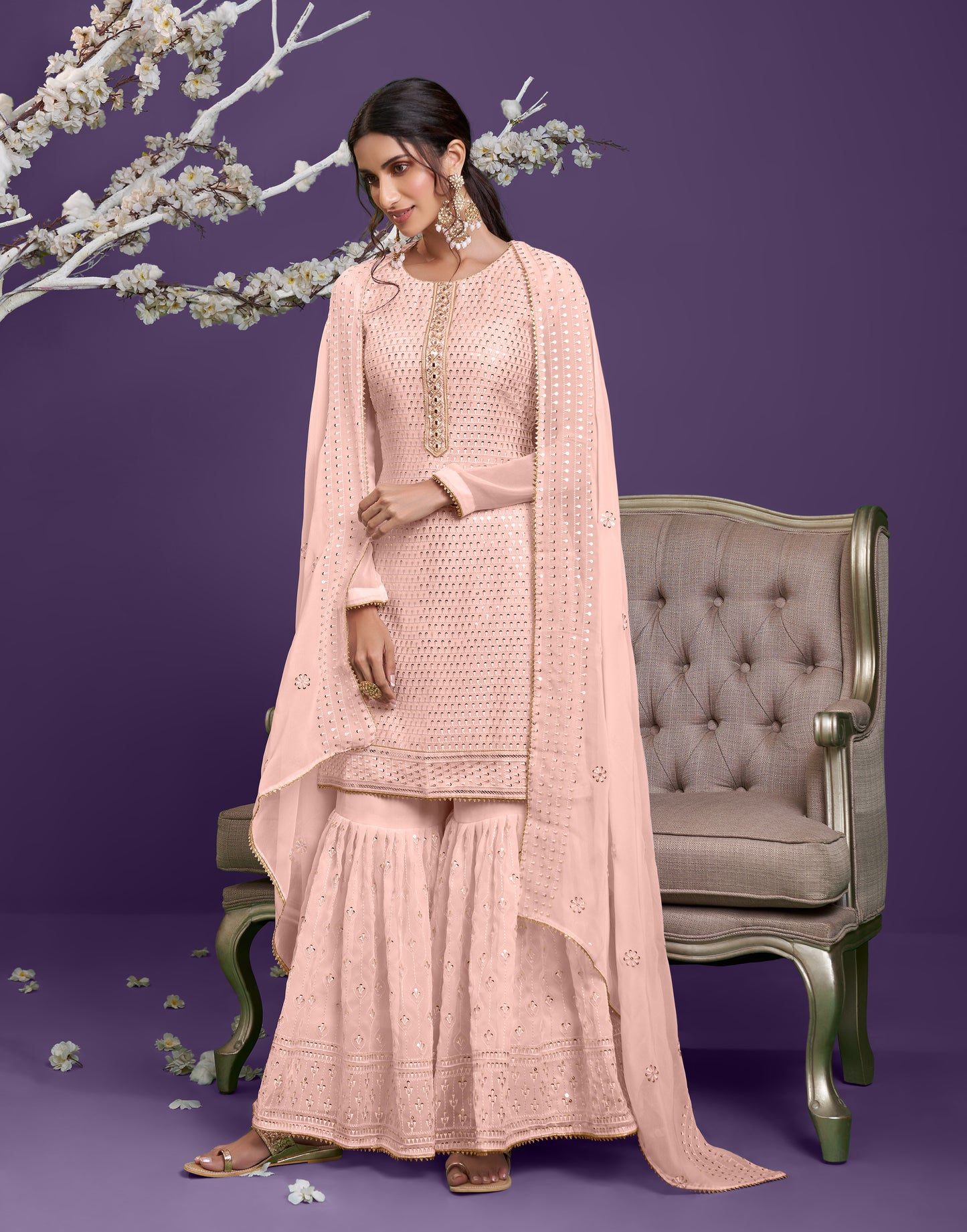 Pastel Peach Embroidered Georgette Sharara Set