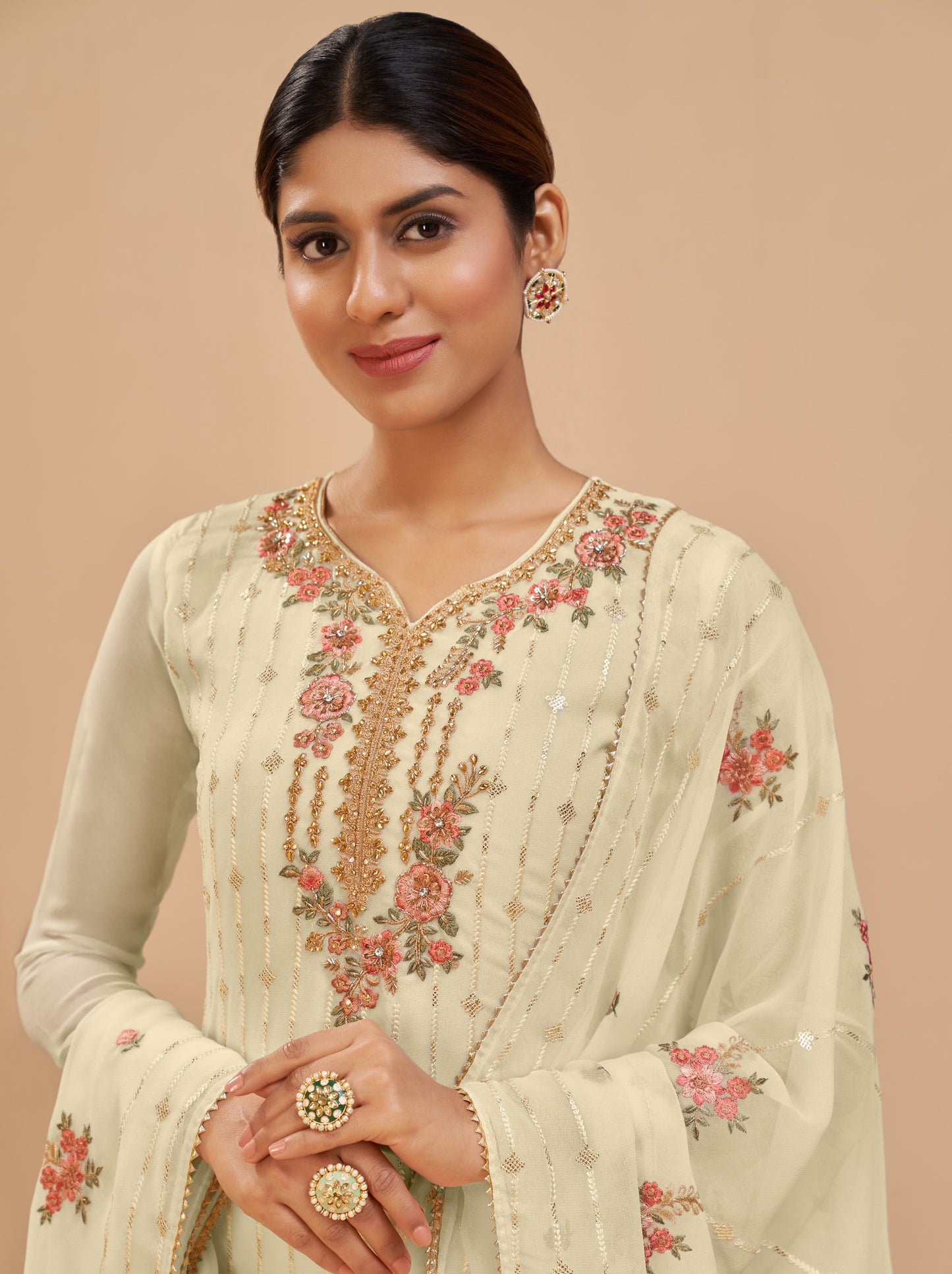 Creamy Yellow Embroidered Georgette Straight Pant Suit