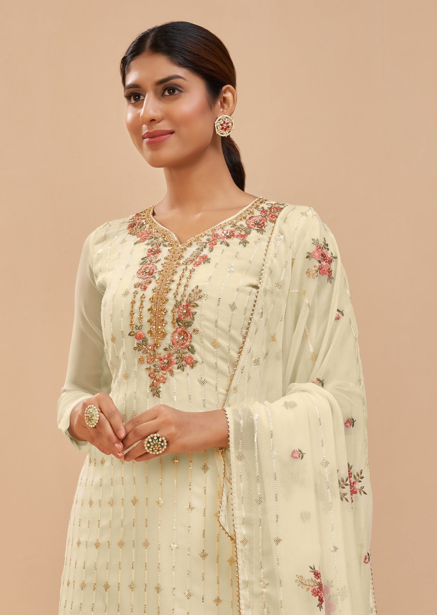 Creamy Yellow Embroidered Georgette Straight Pant Suit