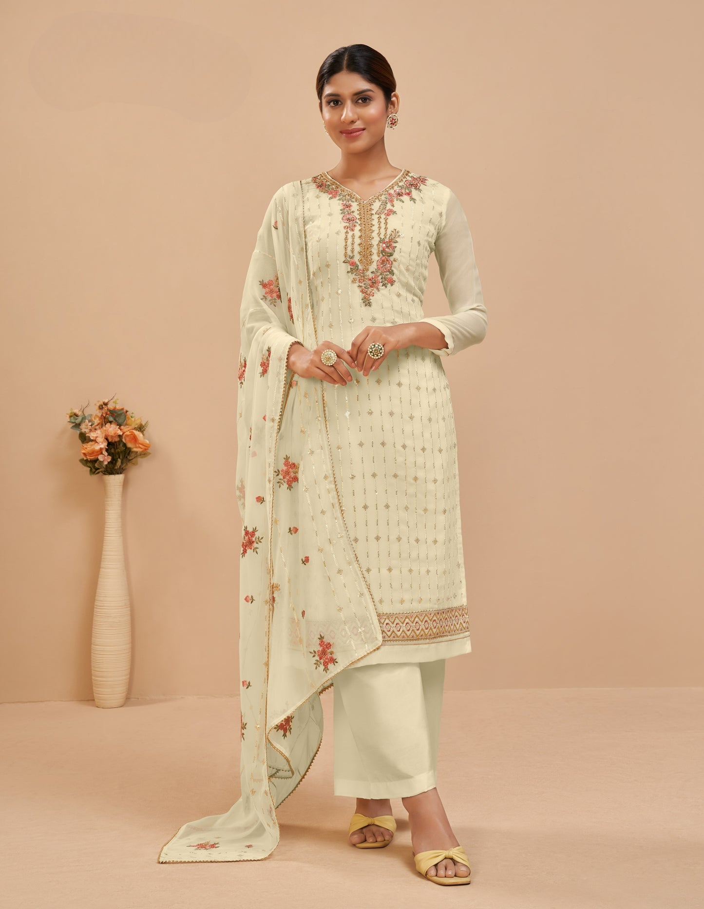Creamy Yellow Embroidered Georgette Straight Pant Suit