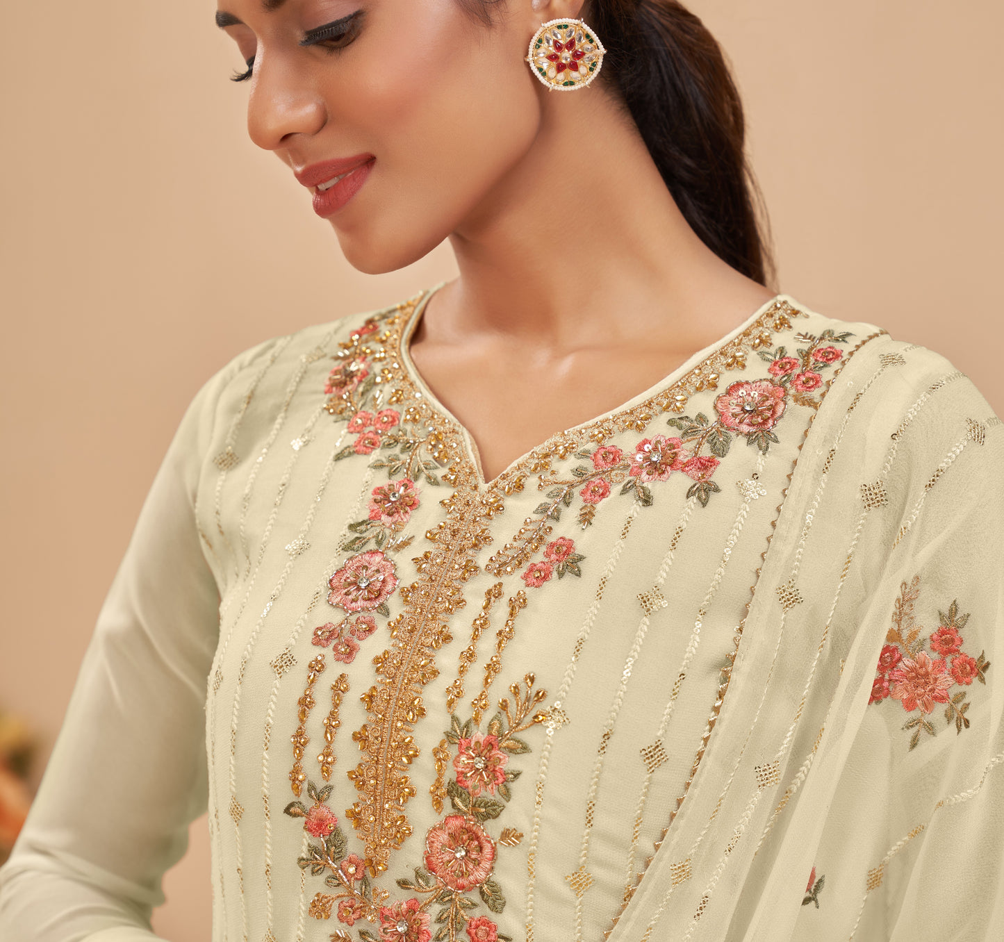 Creamy Yellow Embroidered Georgette Straight Pant Suit