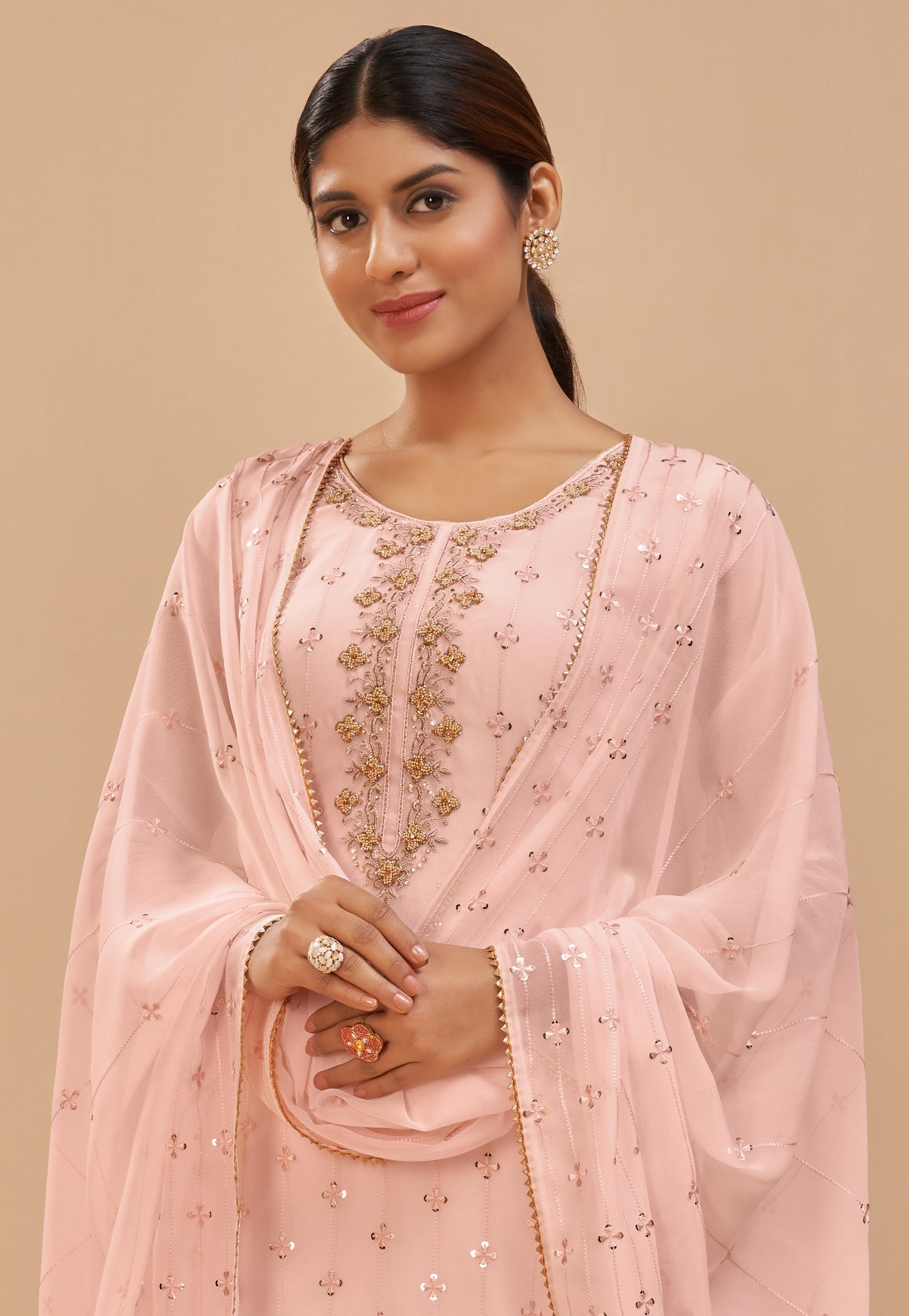 Baby Peach Embroidered Georgette Straight Pant Suit