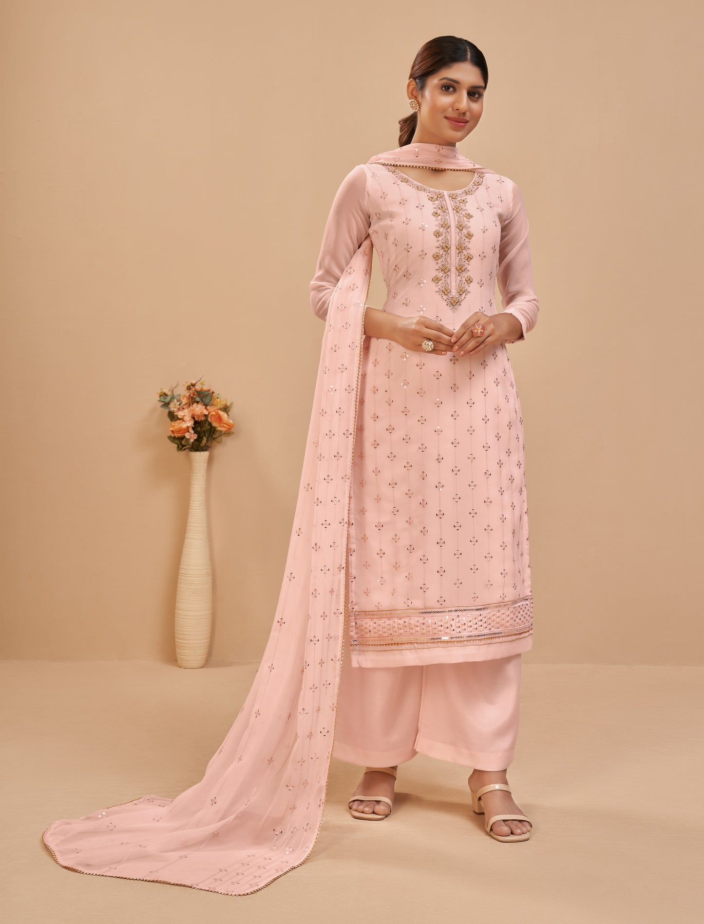 Baby Peach Embroidered Georgette Straight Pant Suit
