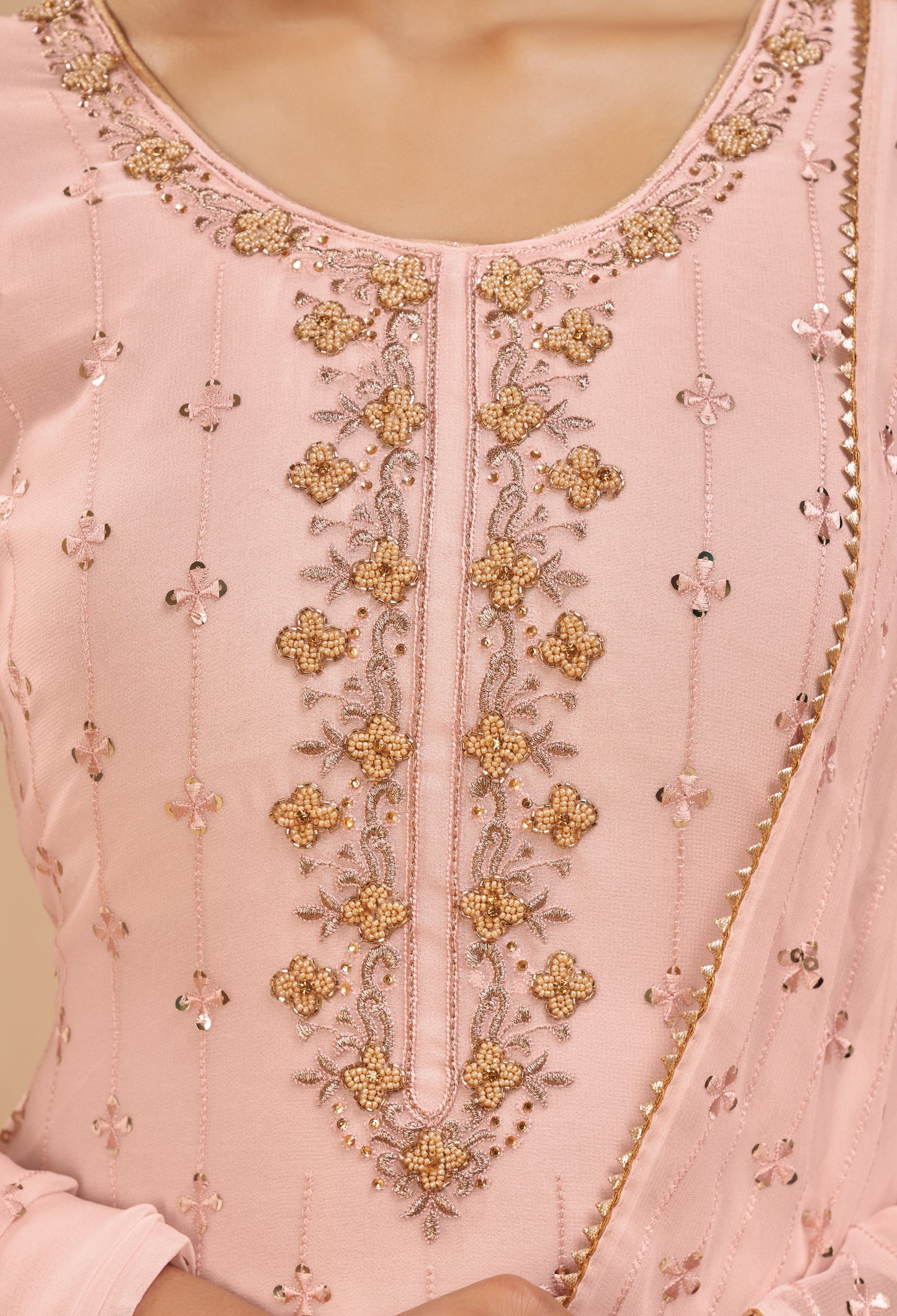 Baby Peach Embroidered Georgette Straight Pant Suit