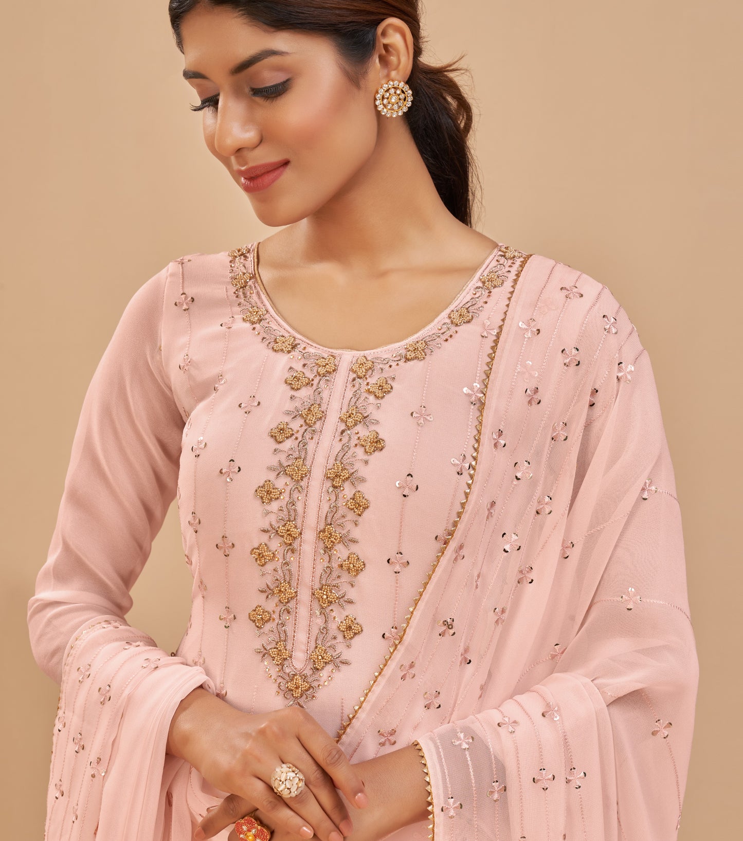 Baby Peach Embroidered Georgette Straight Pant Suit