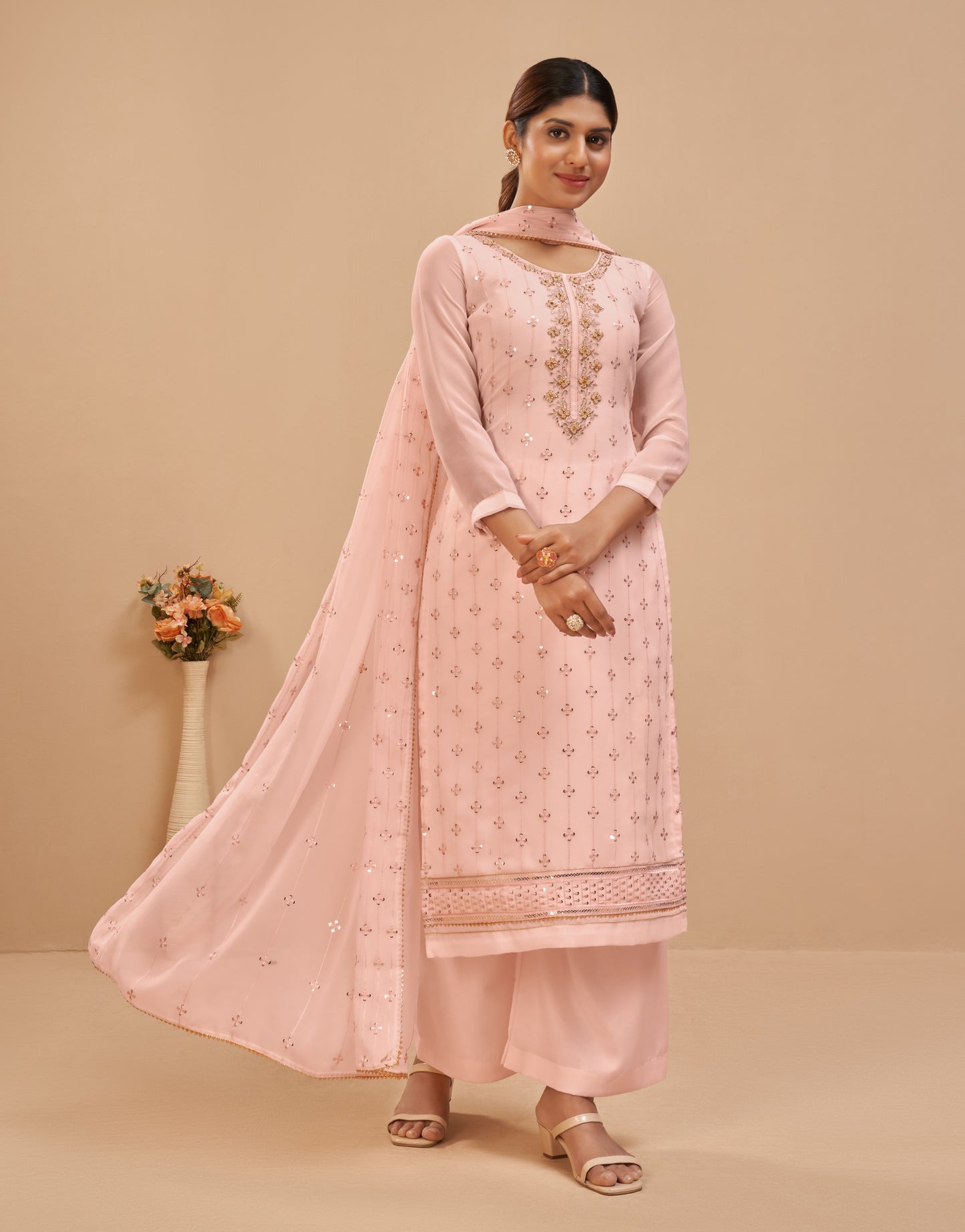 Baby Peach Embroidered Georgette Straight Pant Suit
