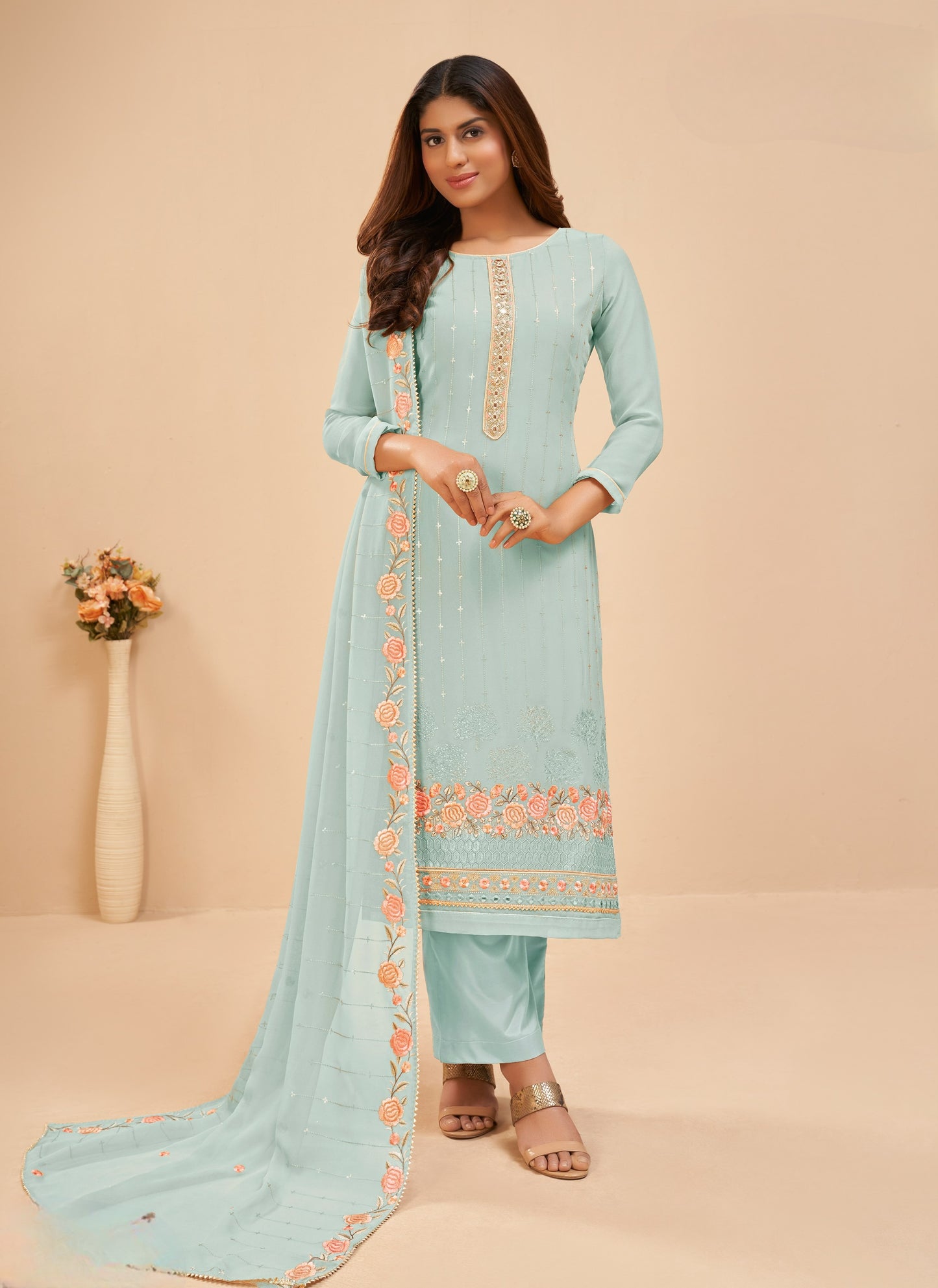 Seafoam Blue Designer Straight Embroidered Pant Suit