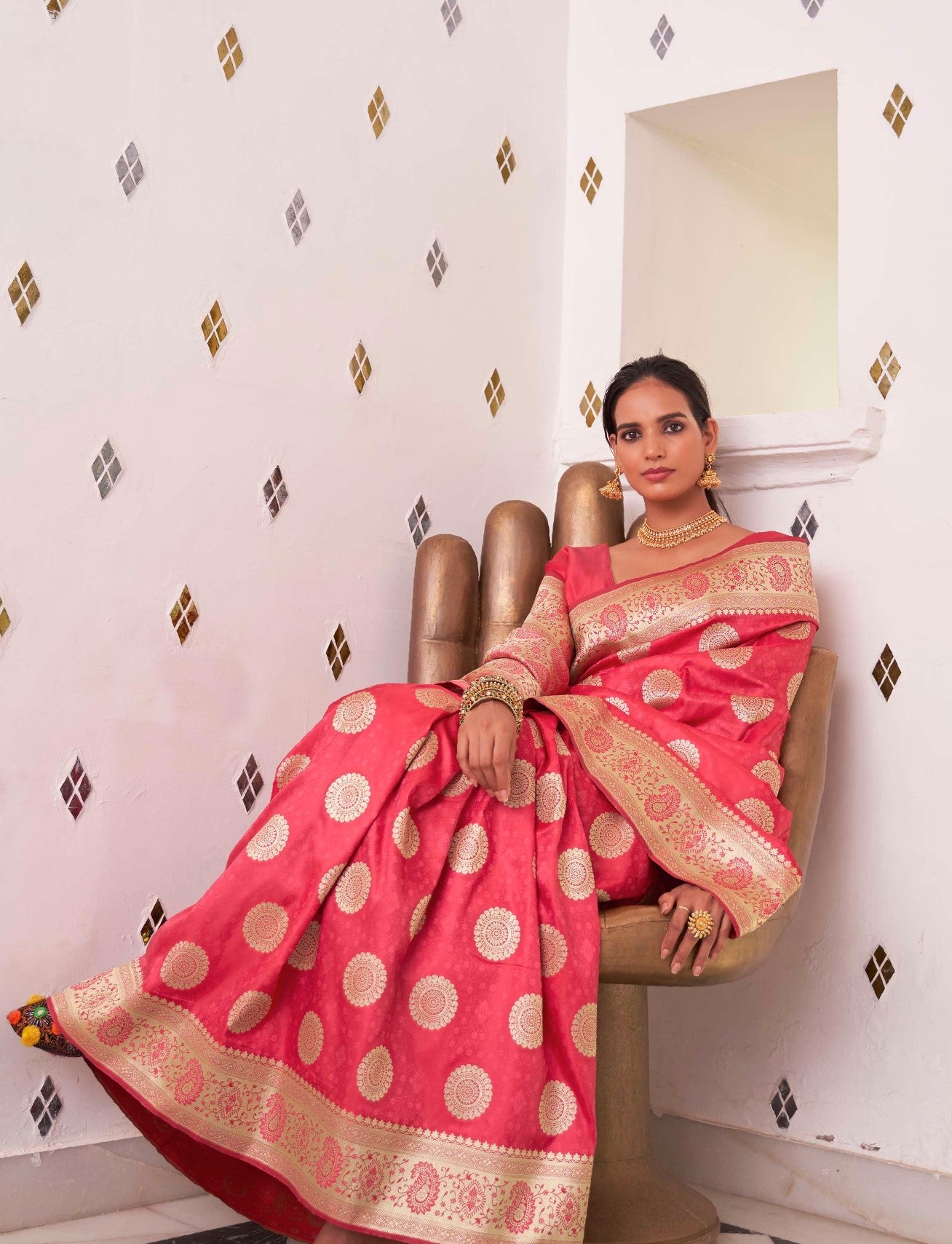 Coral Red Banarasi Silk Saree