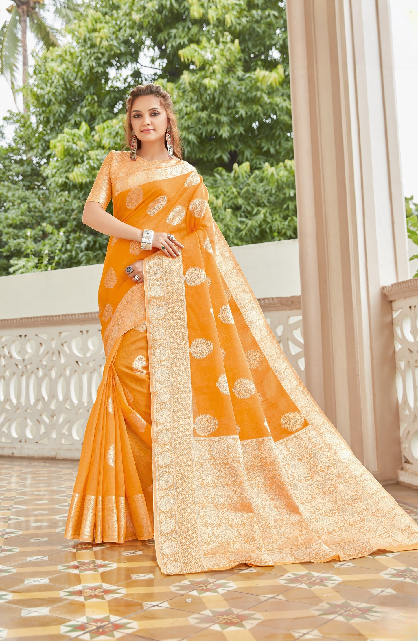 Marmalade Orange Zari Woven Linen Silk Saree