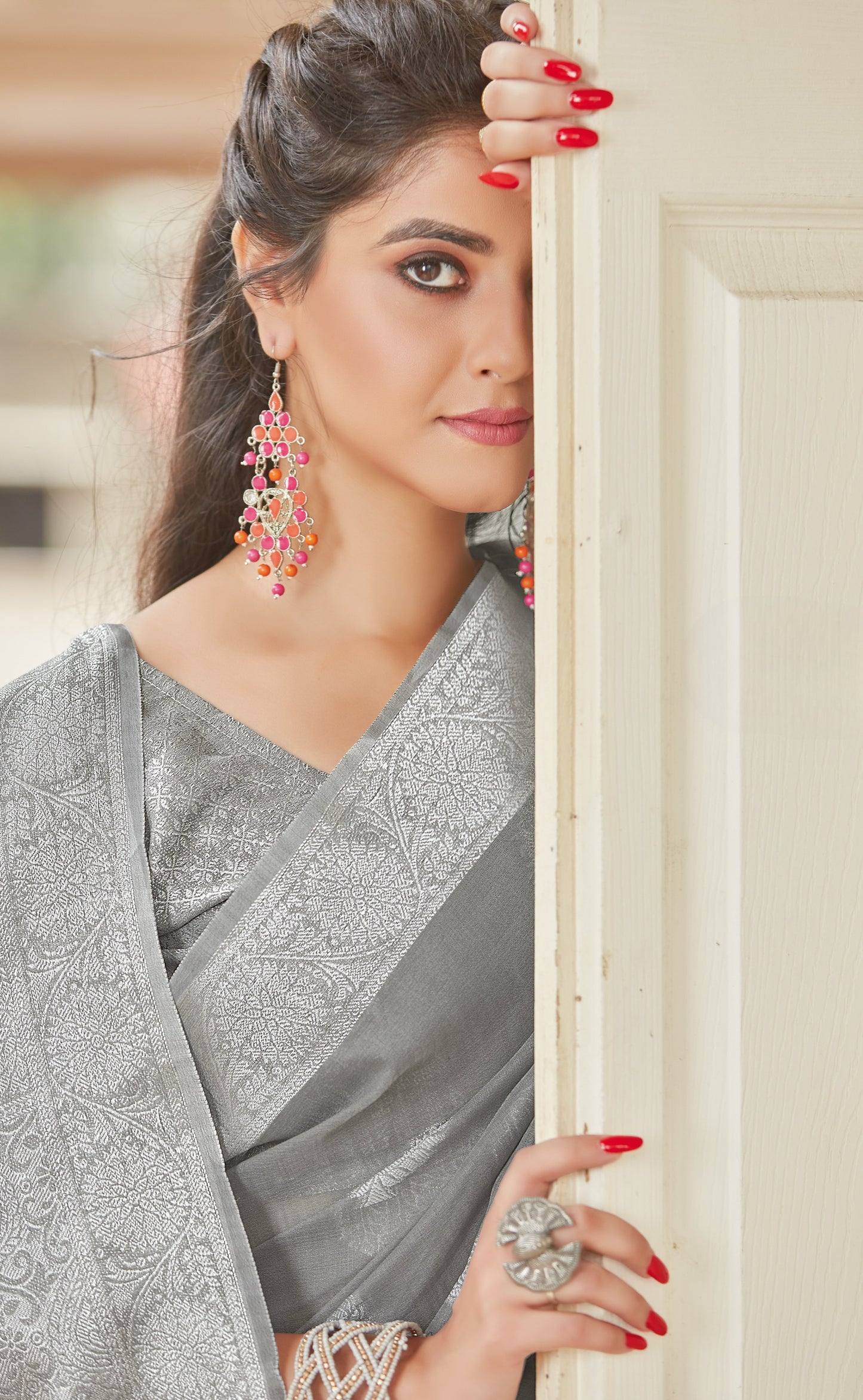 Cloud Grey Zari Woven Linen Silk Saree