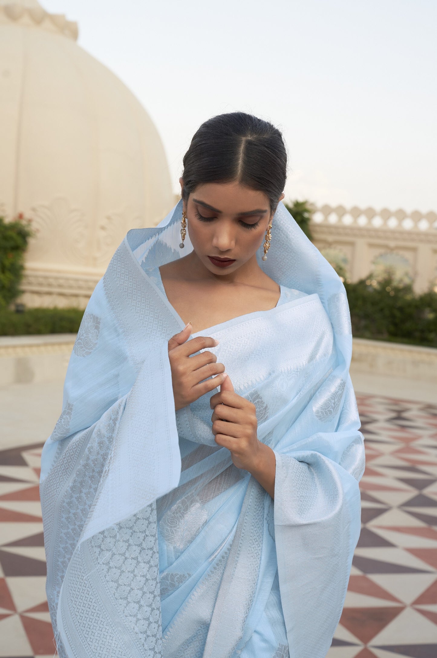 Sky Blue Brocade Woven Linen Silk Saree