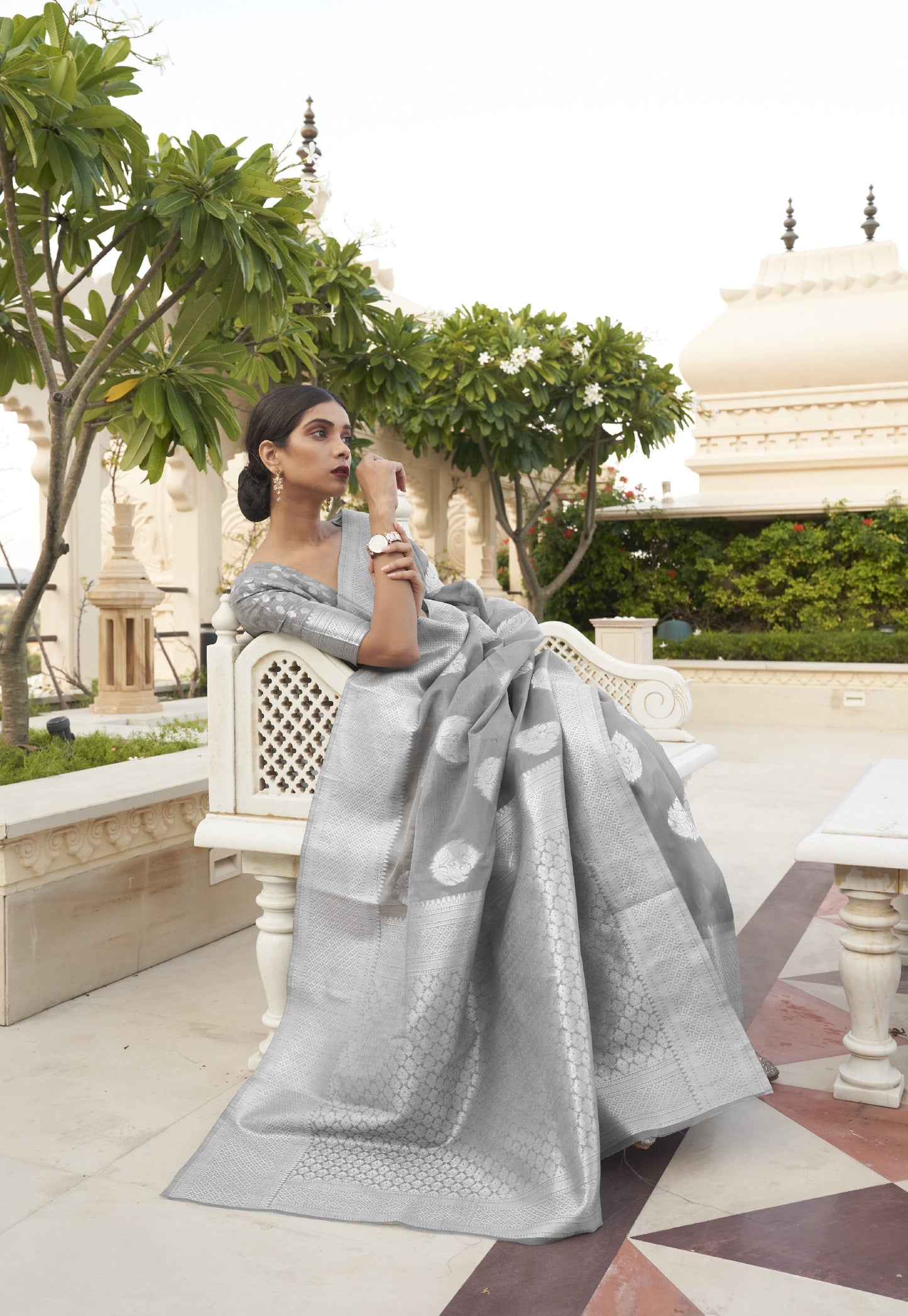 Smog Grey Brocade Woven Linen Silk Saree