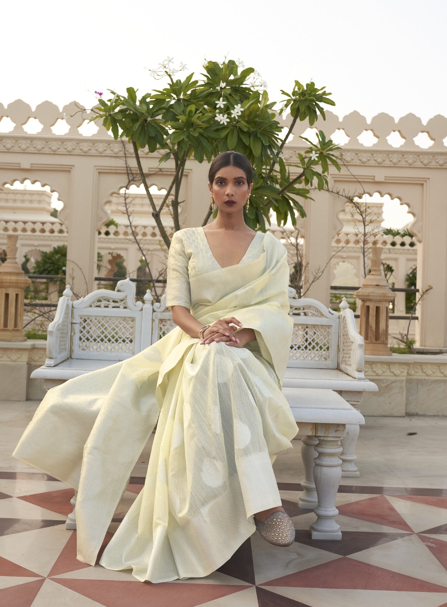 Pale Yellow Brocade Woven Linen Silk Saree