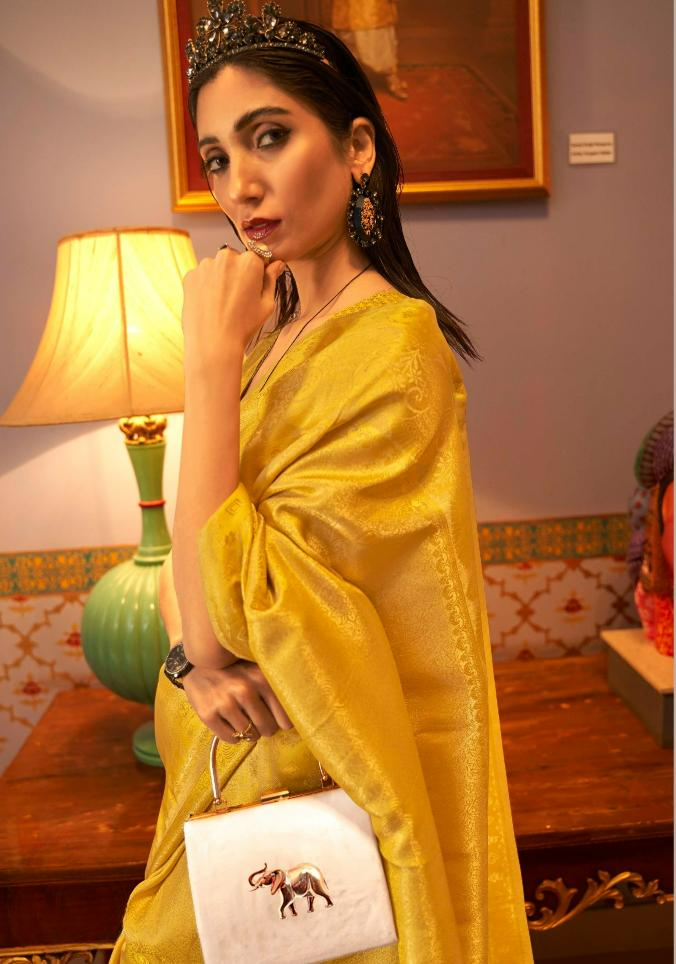 Golden Yellow Brocade Woven Kanjivaram Silk Saree