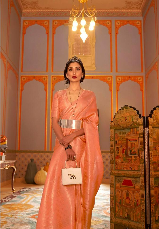 Golden Peach Brocade Woven Kanjivaram Silk Saree