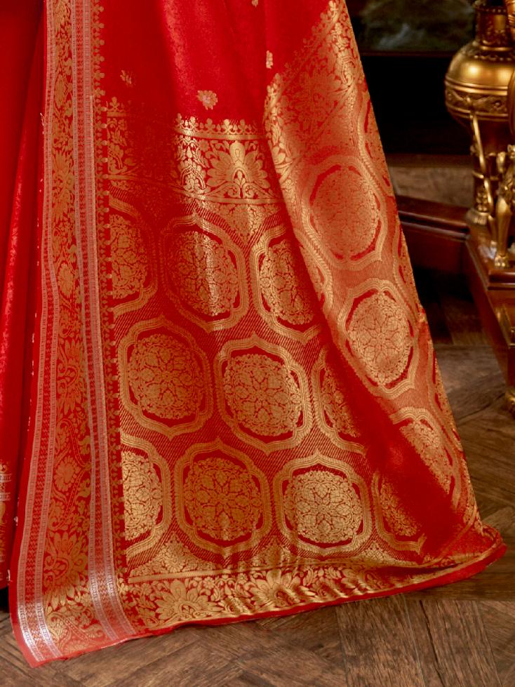 Ruby Red Banarasi Soft Silk Saree