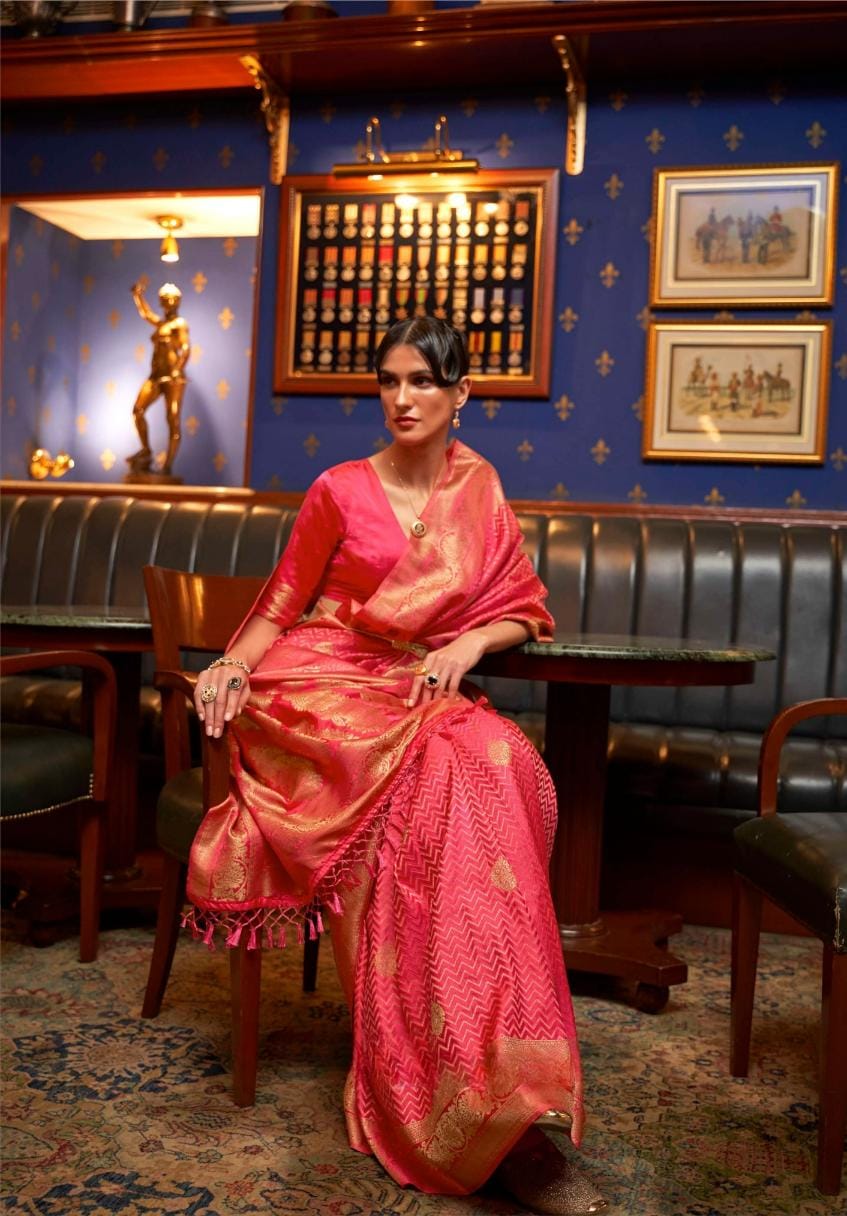 Flamingo Pink Handloom Woven Satin Silk Saree