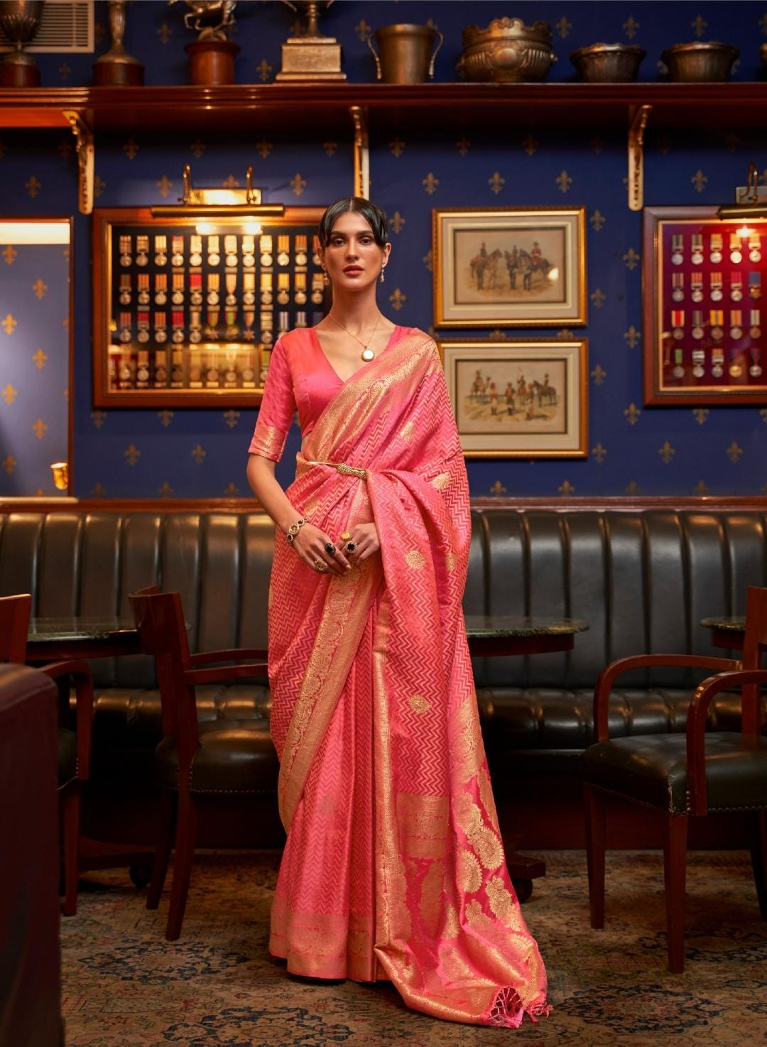 Flamingo Pink Handloom Woven Satin Silk Saree