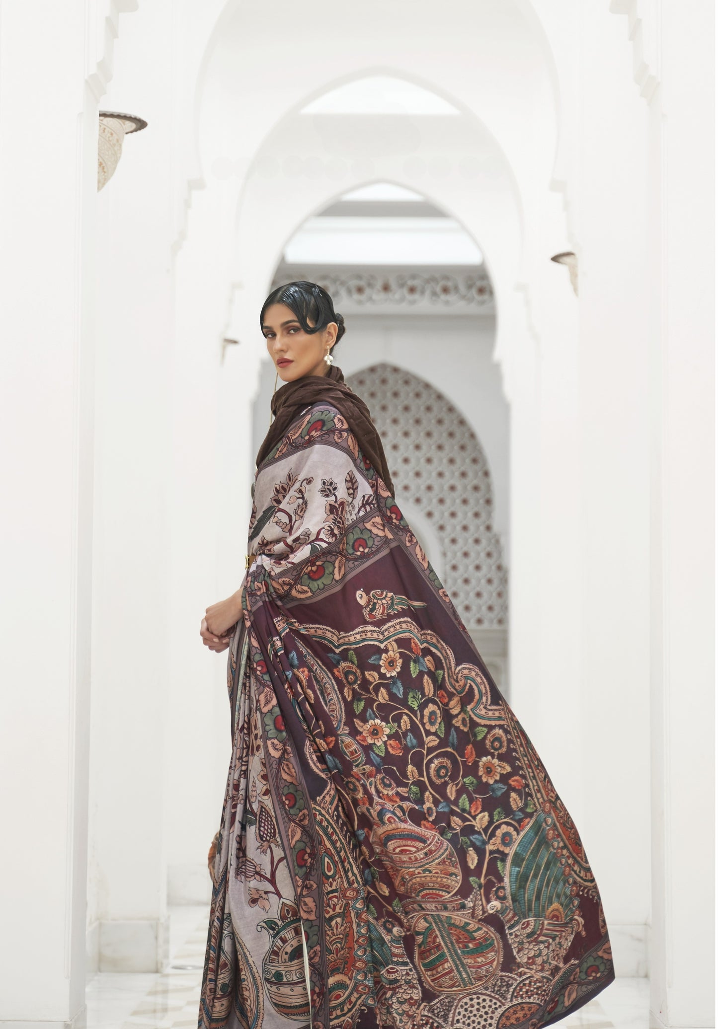Brown Printed Kalamkari Satin Crepe Silk Saree