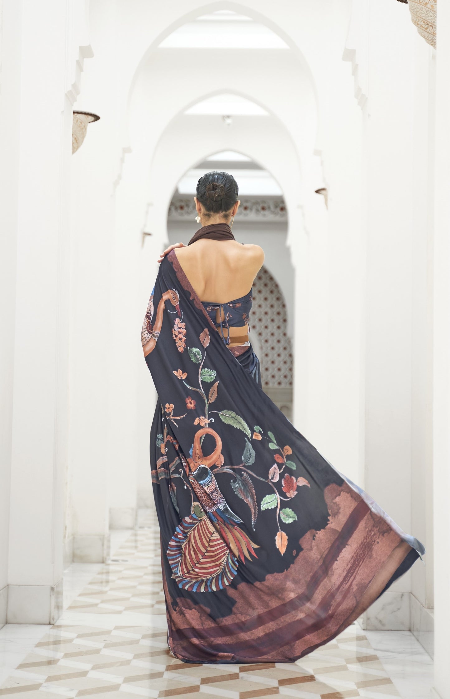 Midnight Black Printed Kalamkari Satin Crepe Silk Saree