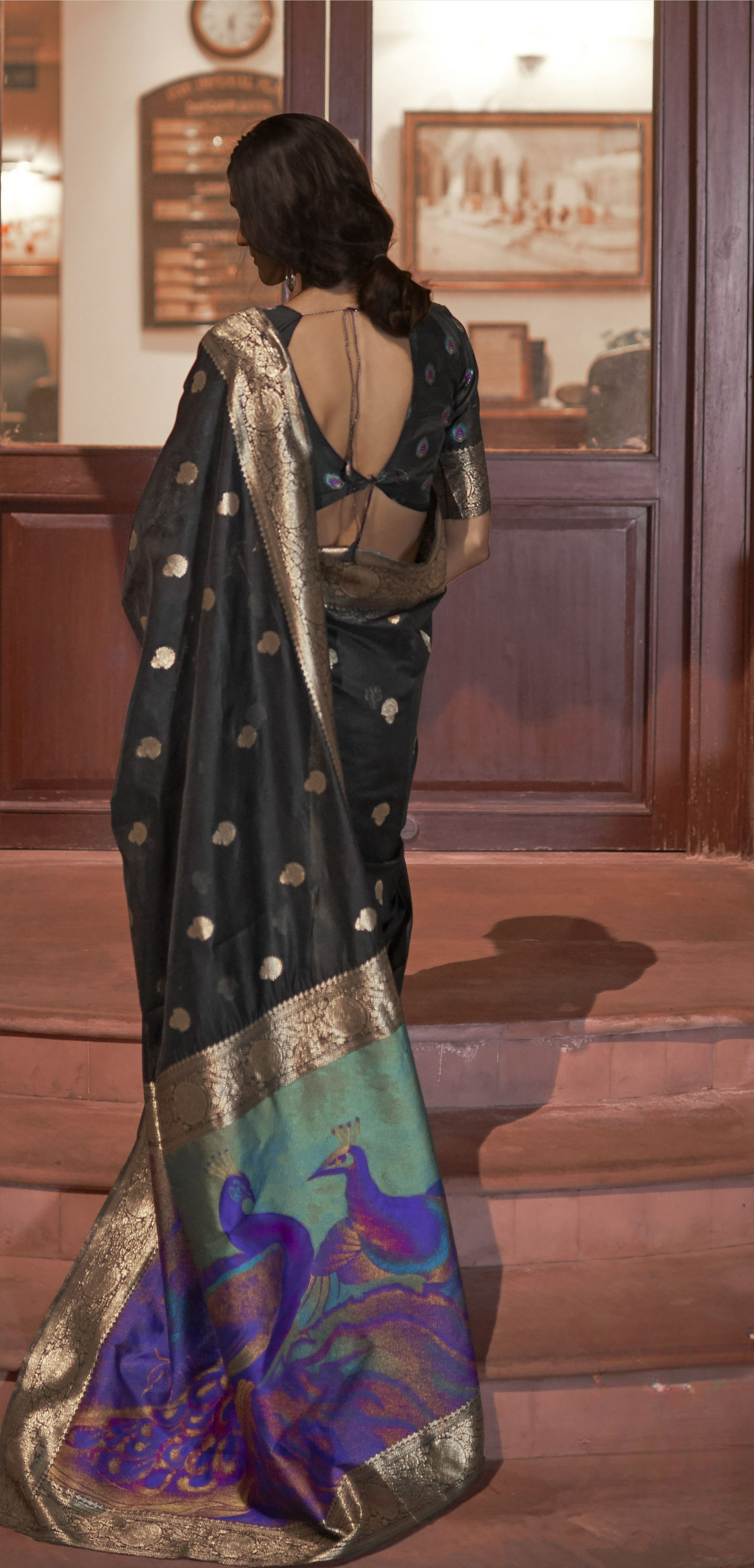 Soot Black Banarasi Silk Saree with Printed Paithani Pallu