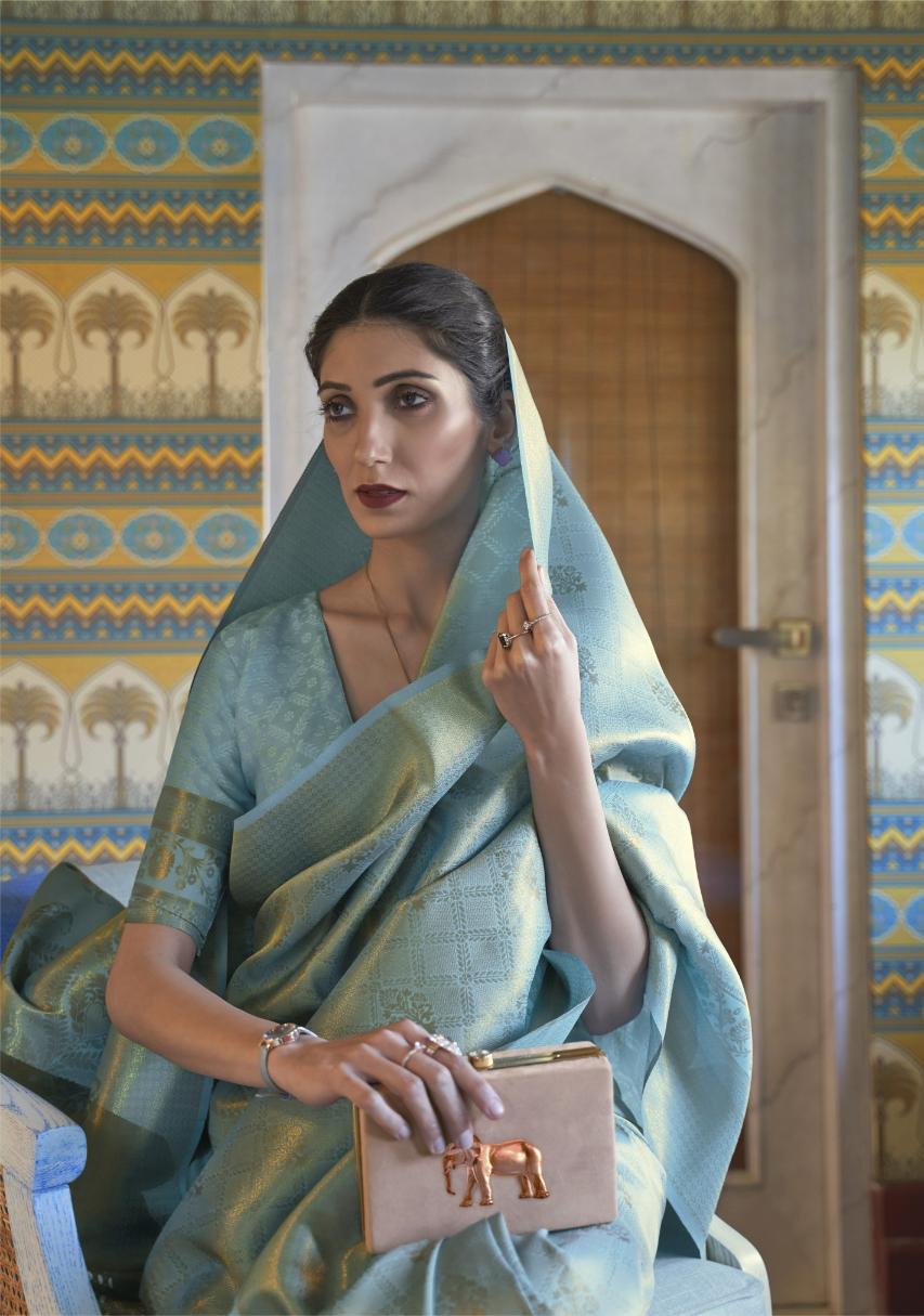 Greyish Blue Brocade Woven Handloom Kanjivaram Silk Saree