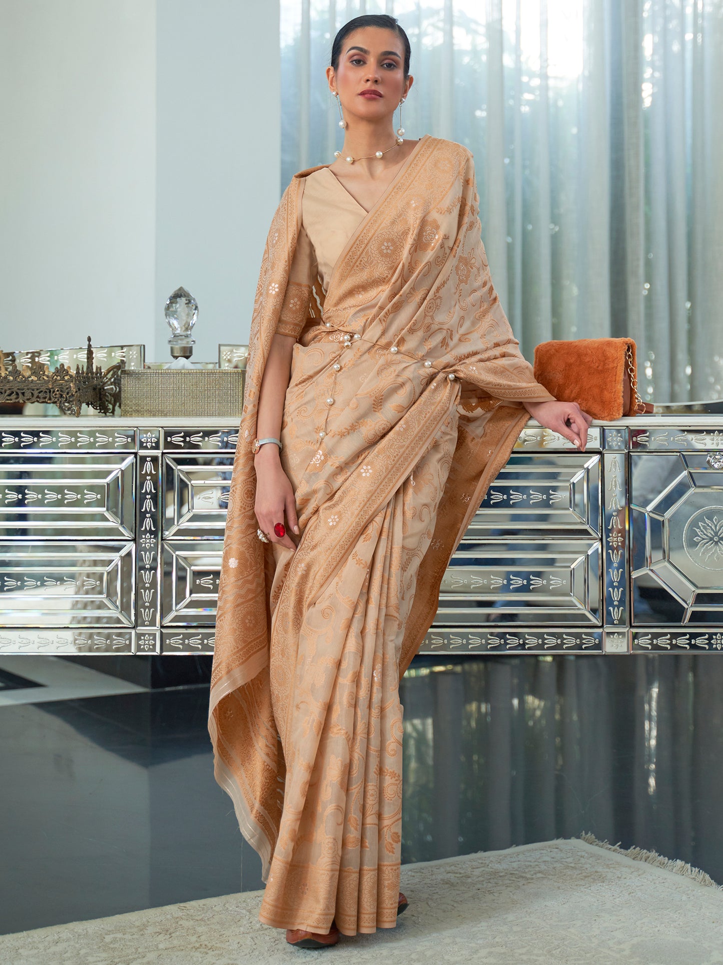 Chikoo Brown Weaved Lucknowi Chikankari Saree
