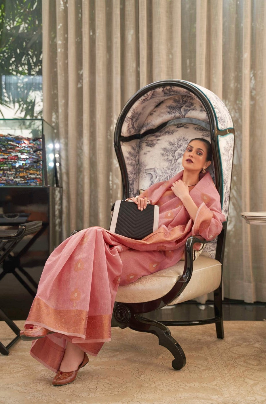 Flamingo Pink Copper Zari Woven Linen Silk Saree