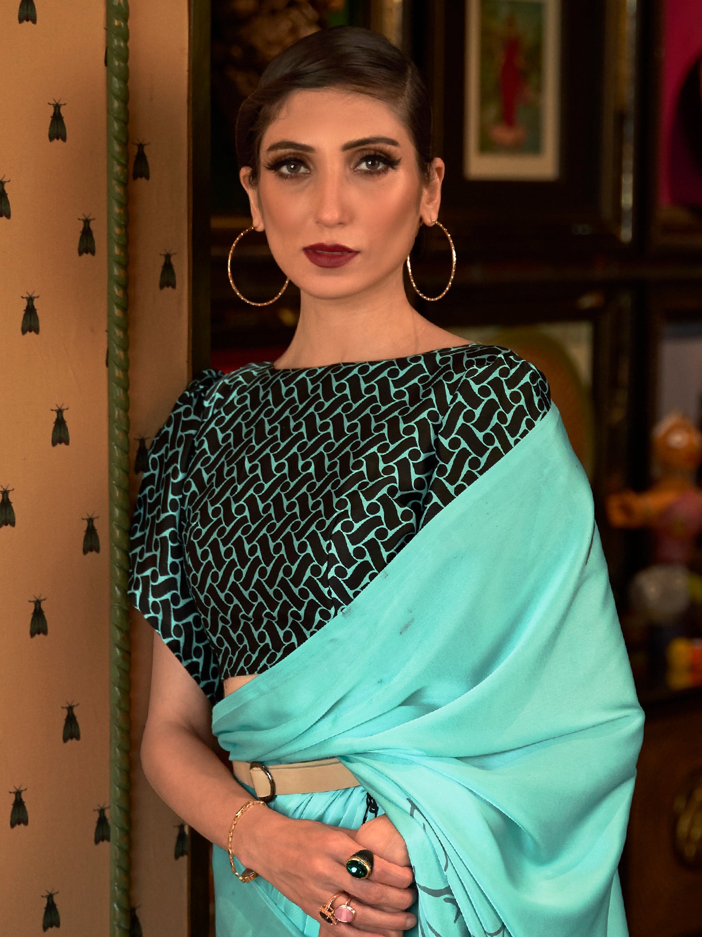 Seafoam Green Printed Satin Crepe Silk Saree