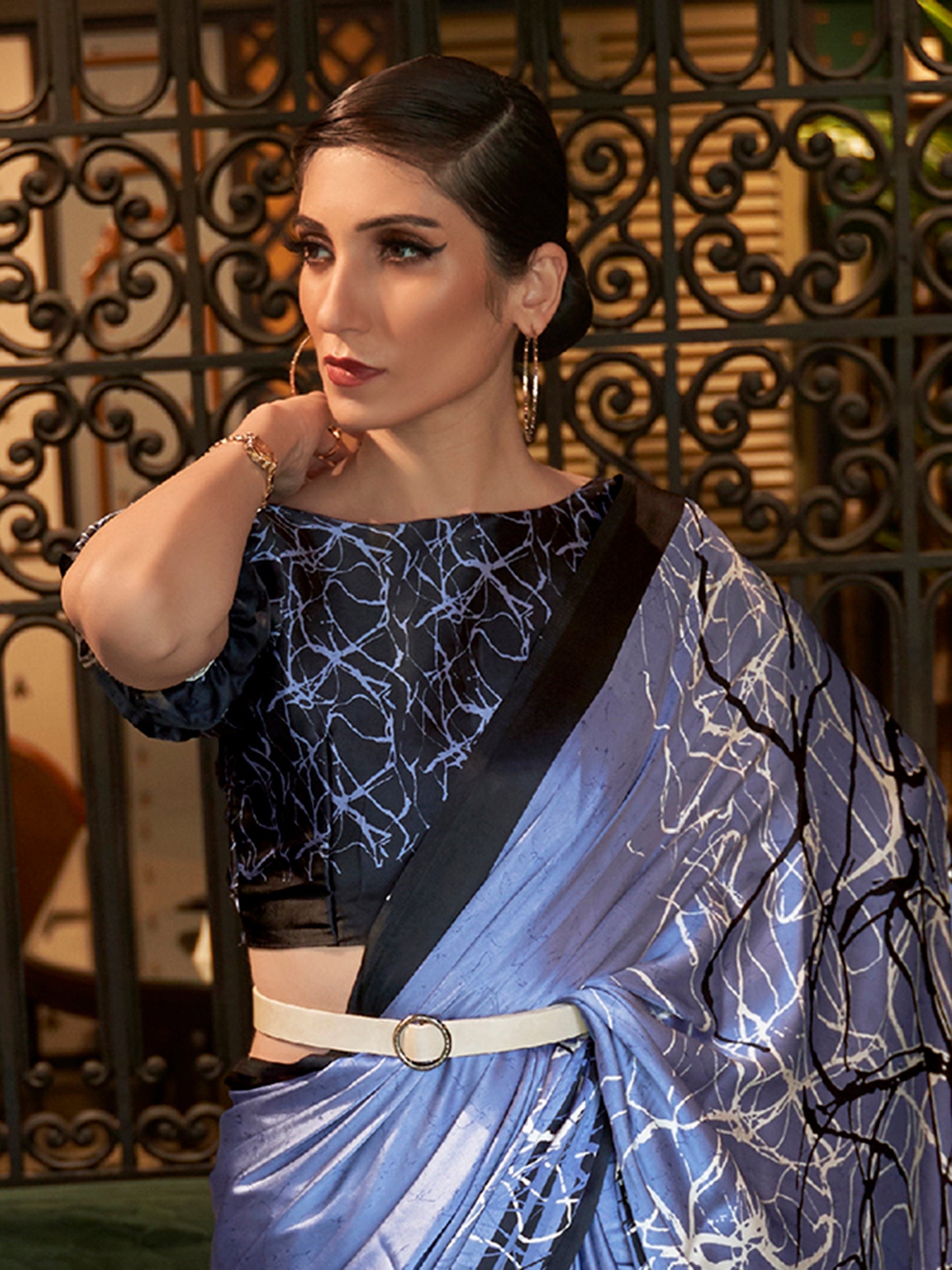 Cerulean Blue Printed Satin Crepe Silk Saree
