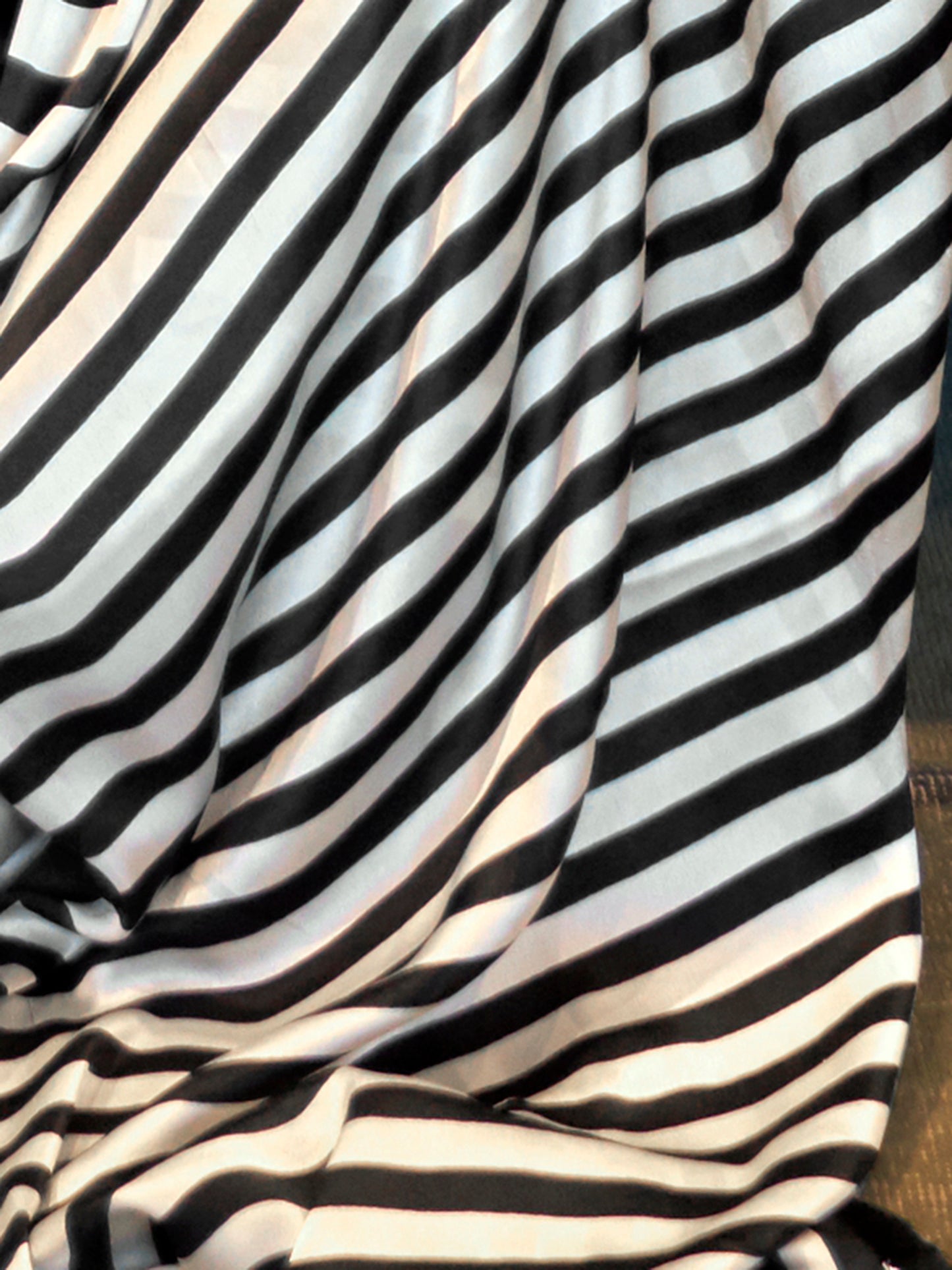 Black and White Printed Stripes Satin Crepe Silk Saree