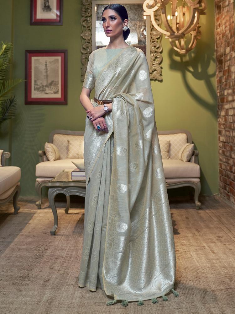 Greenish Grey Brocade Woven Linen Silk Saree