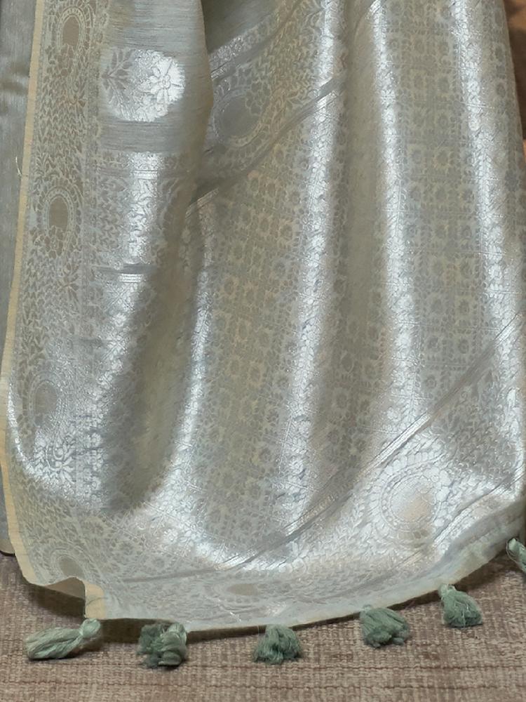 Greenish Grey Brocade Woven Linen Silk Saree
