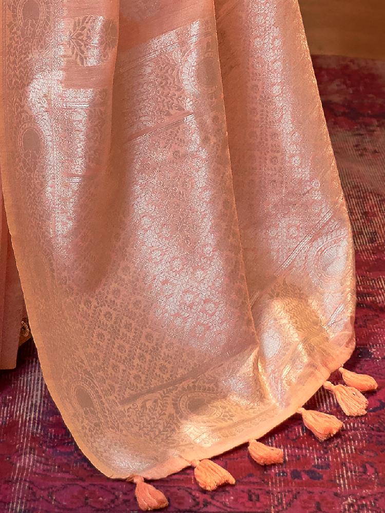 Apricot Peach Brocade Woven Linen Silk Saree