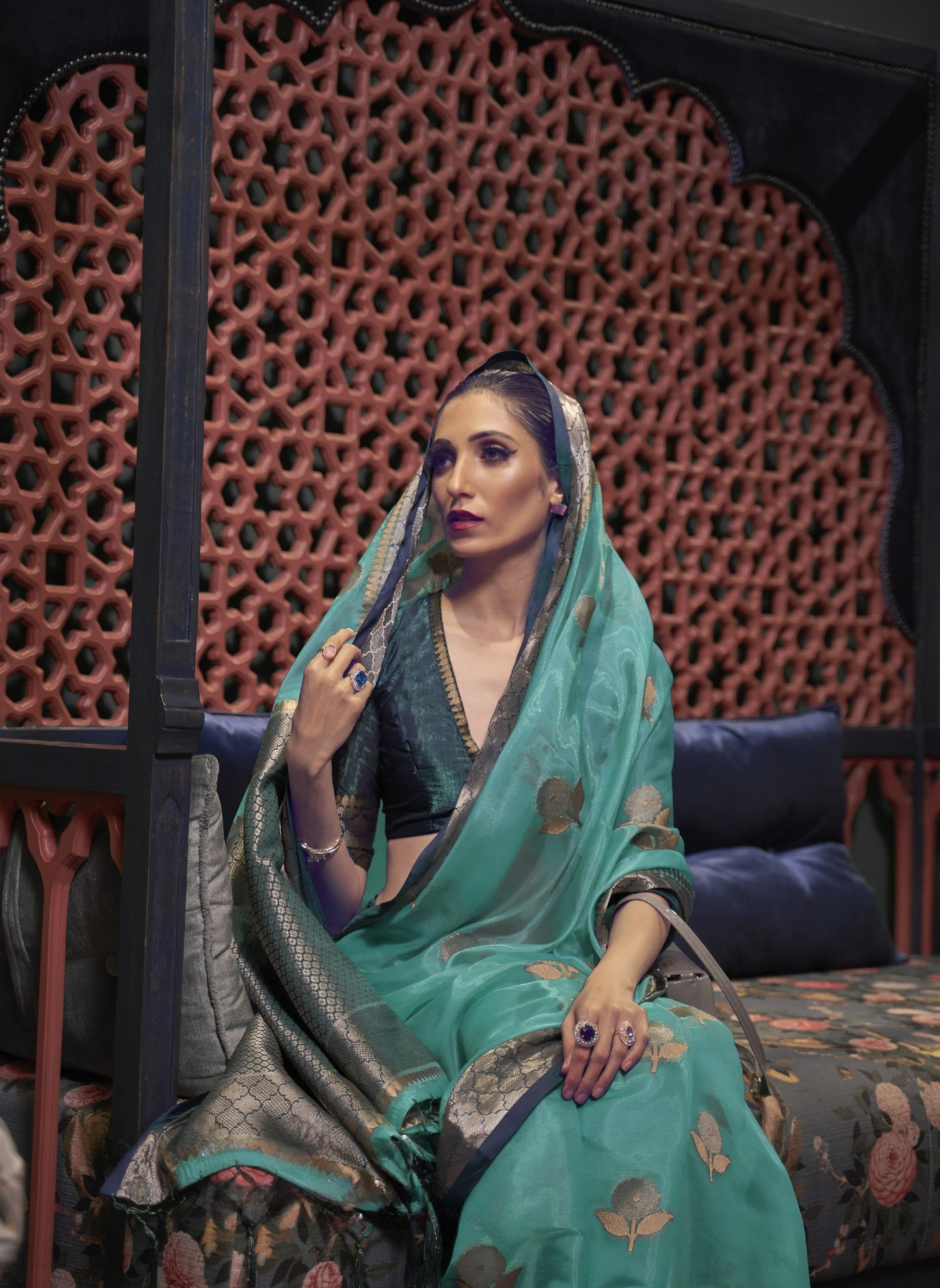 Greyish Turquoise Organza Silk Saree