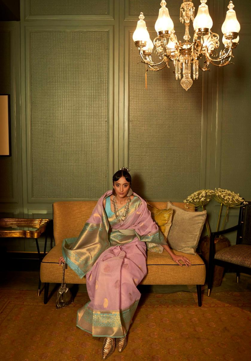 Light Lavendar Copper Zari Woven Linen Silk Saree