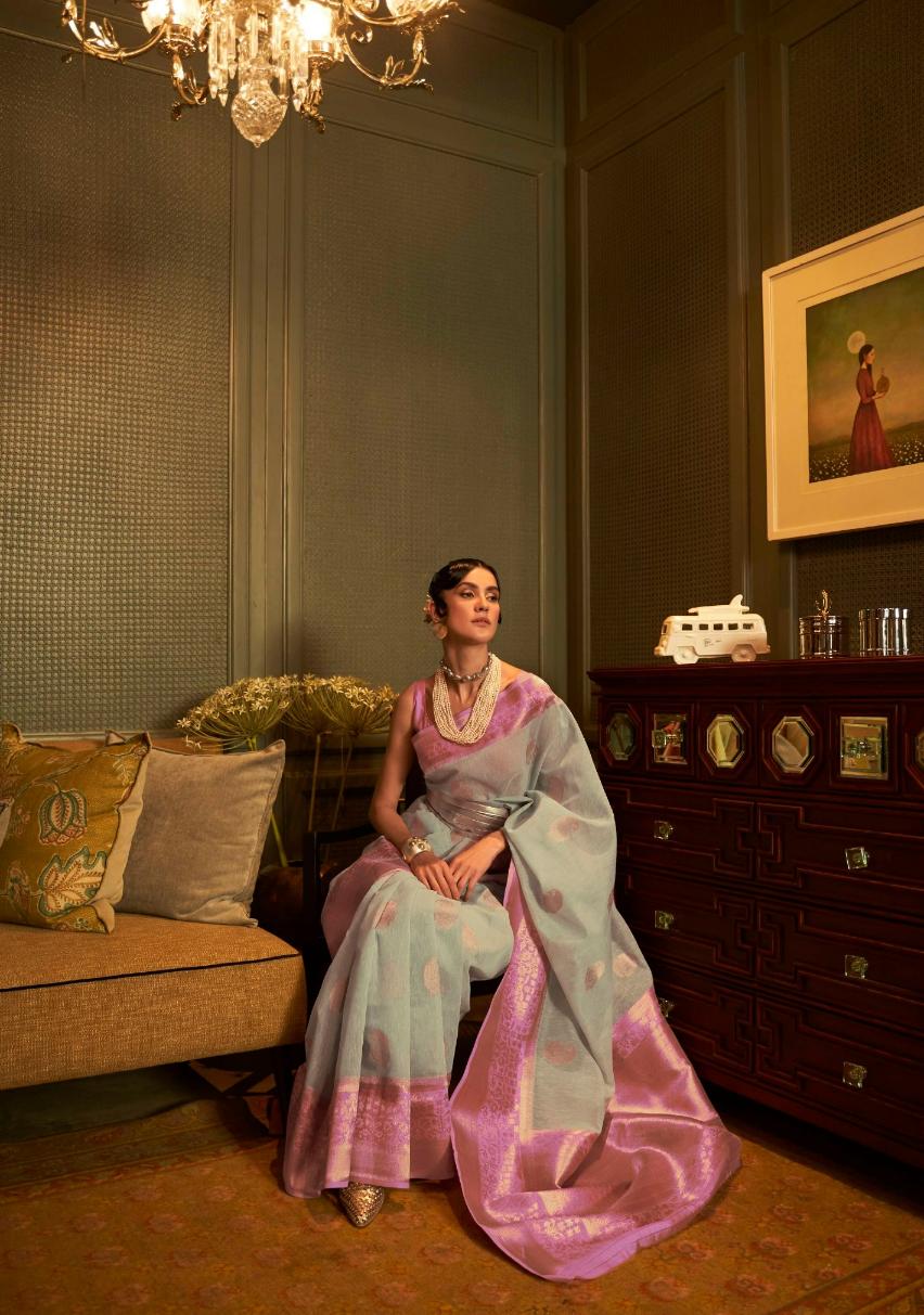 Pastel Blue Copper Zari Woven Linen Silk Saree