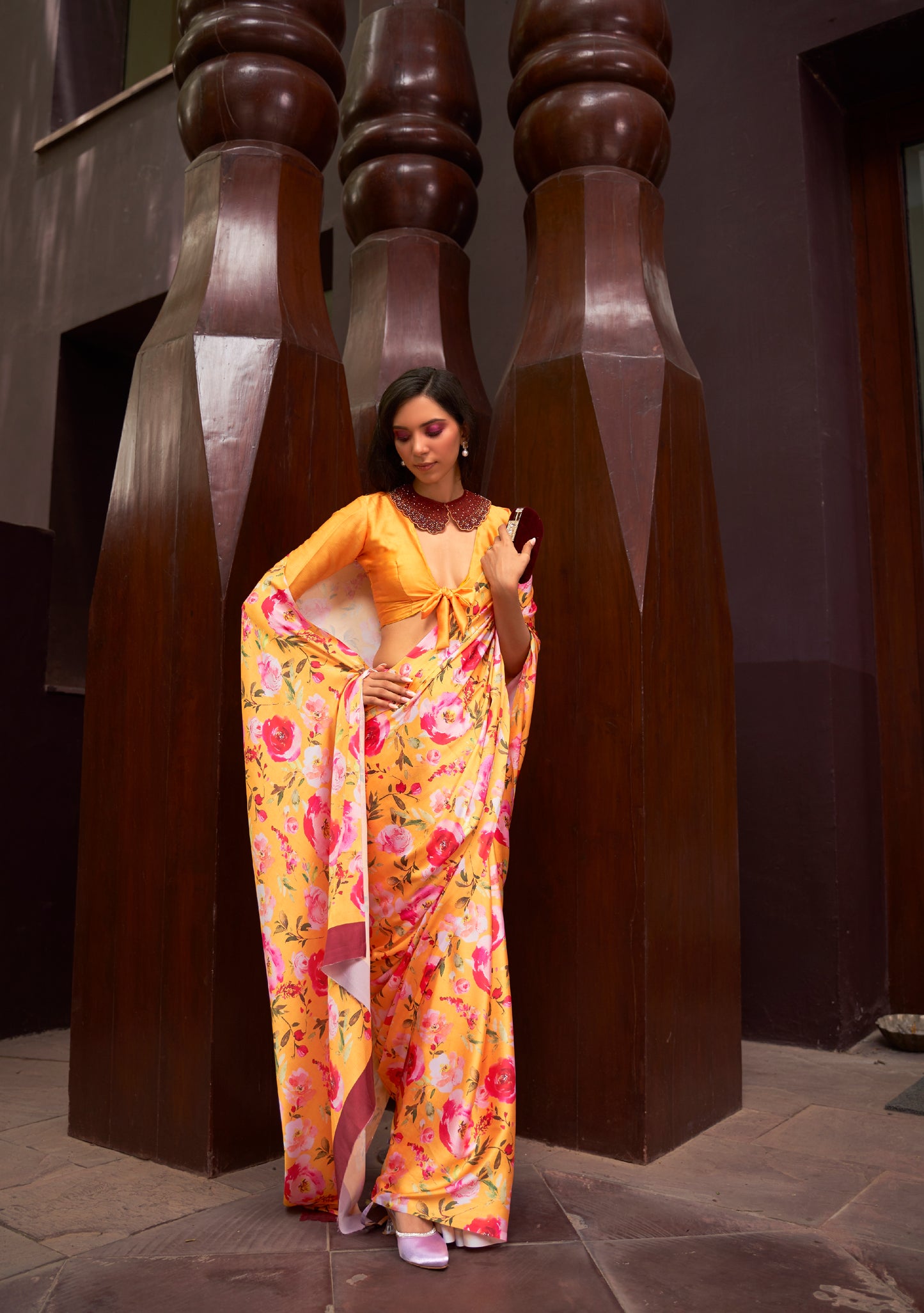 Daisy Bloom Floral Printed Satin Crepe Silk Saree