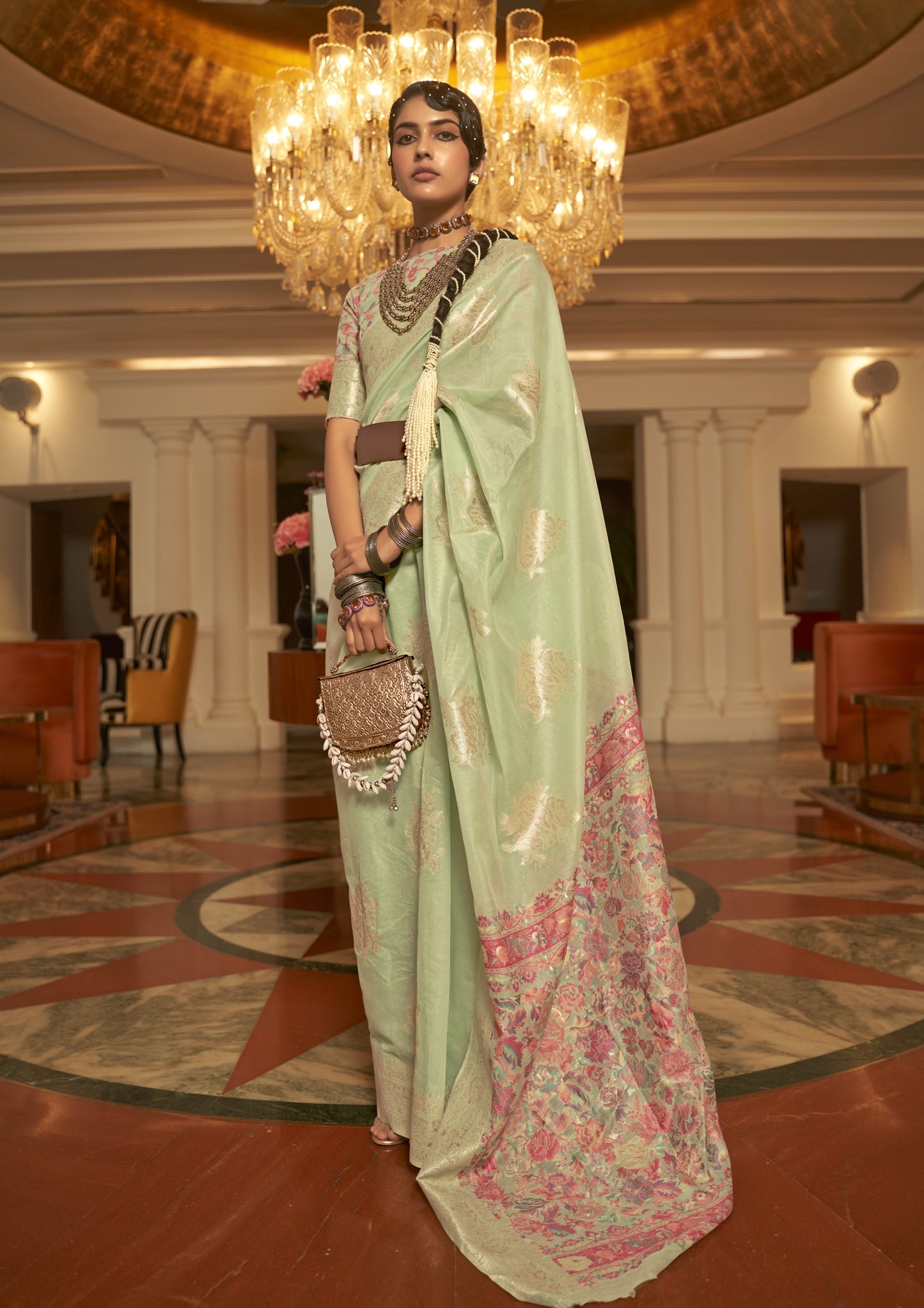 Pista Green Kashmiri Weaved Jamewar Saree