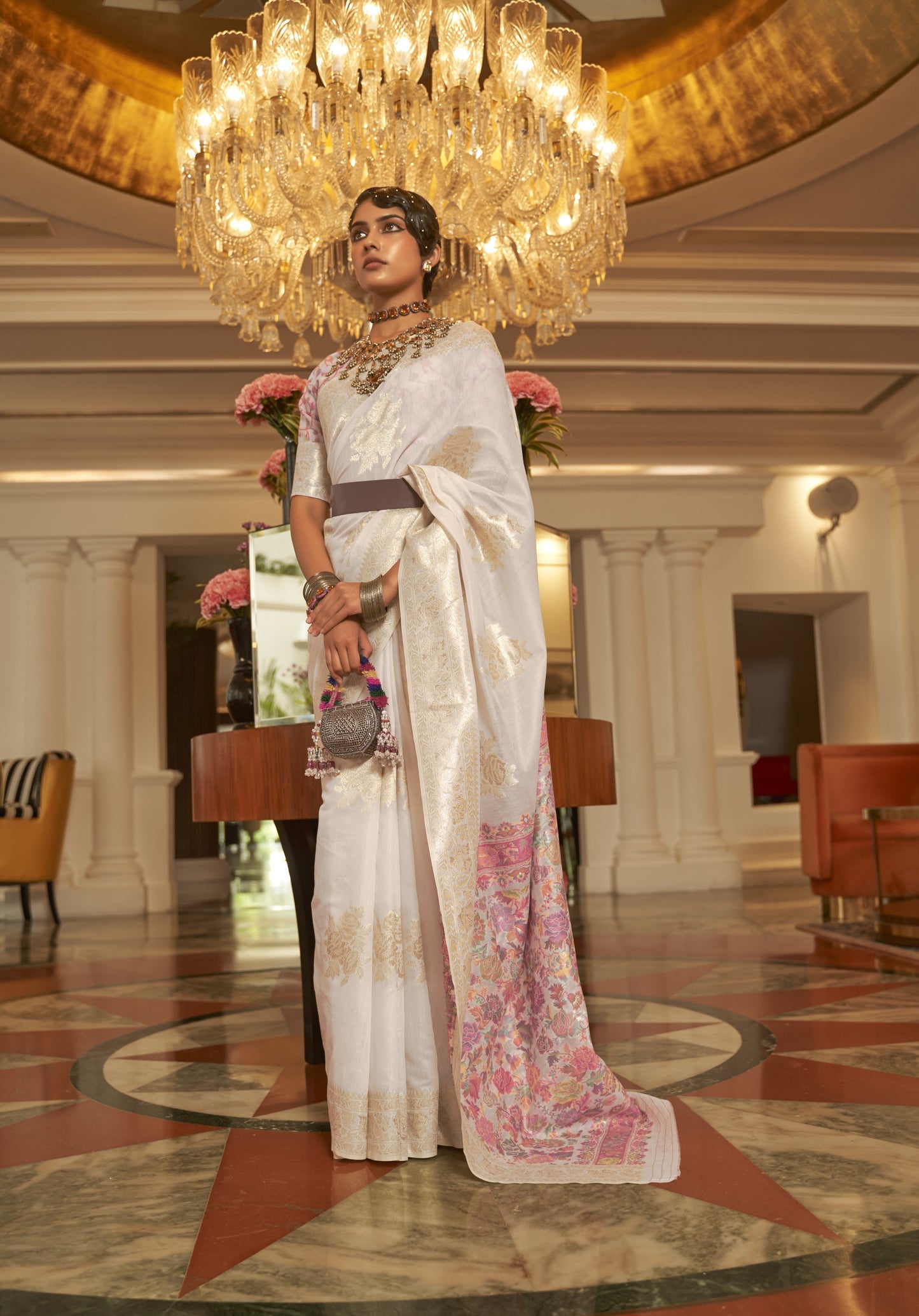 Porcelain White Kashmiri Weaved Jamewar Saree