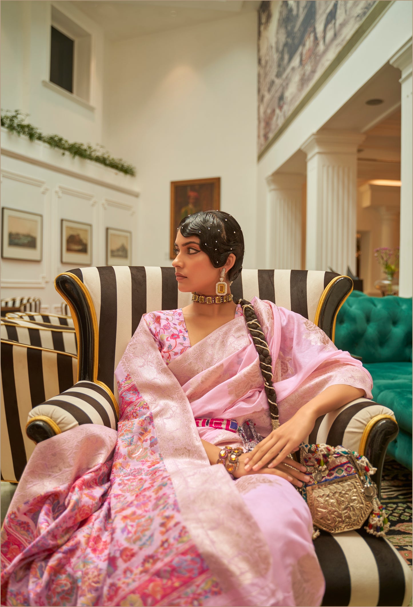 Blush Pink Kashmiri Weaved Jamewar Saree