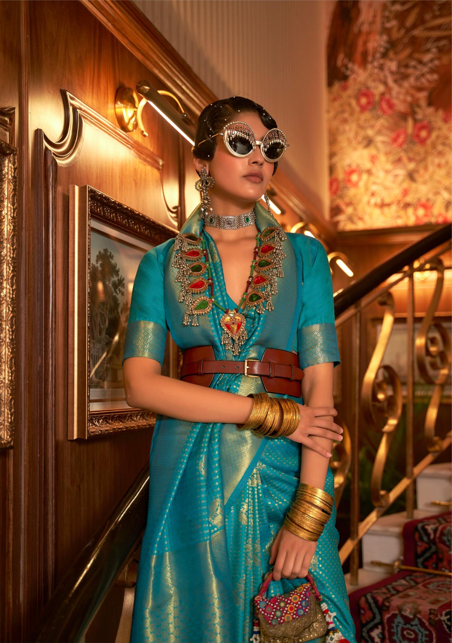 Teal Blue Kanjivaram Brocade Woven Silk Saree